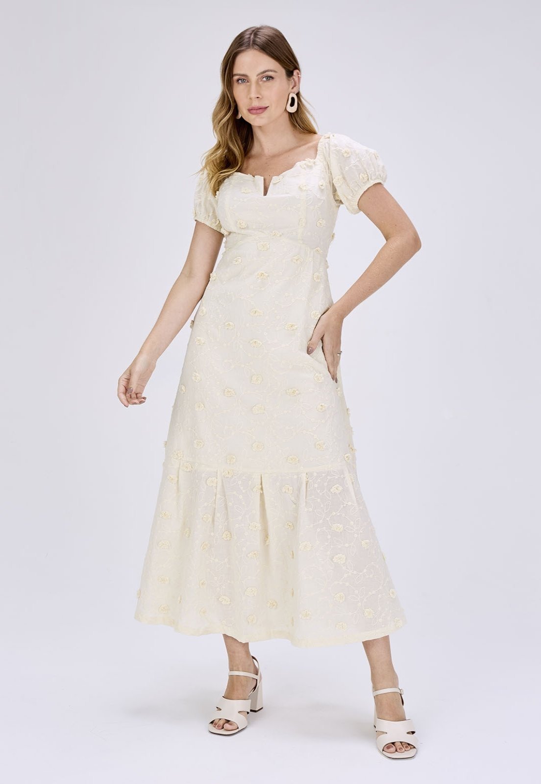 Vestido Midi Texturizado Off White