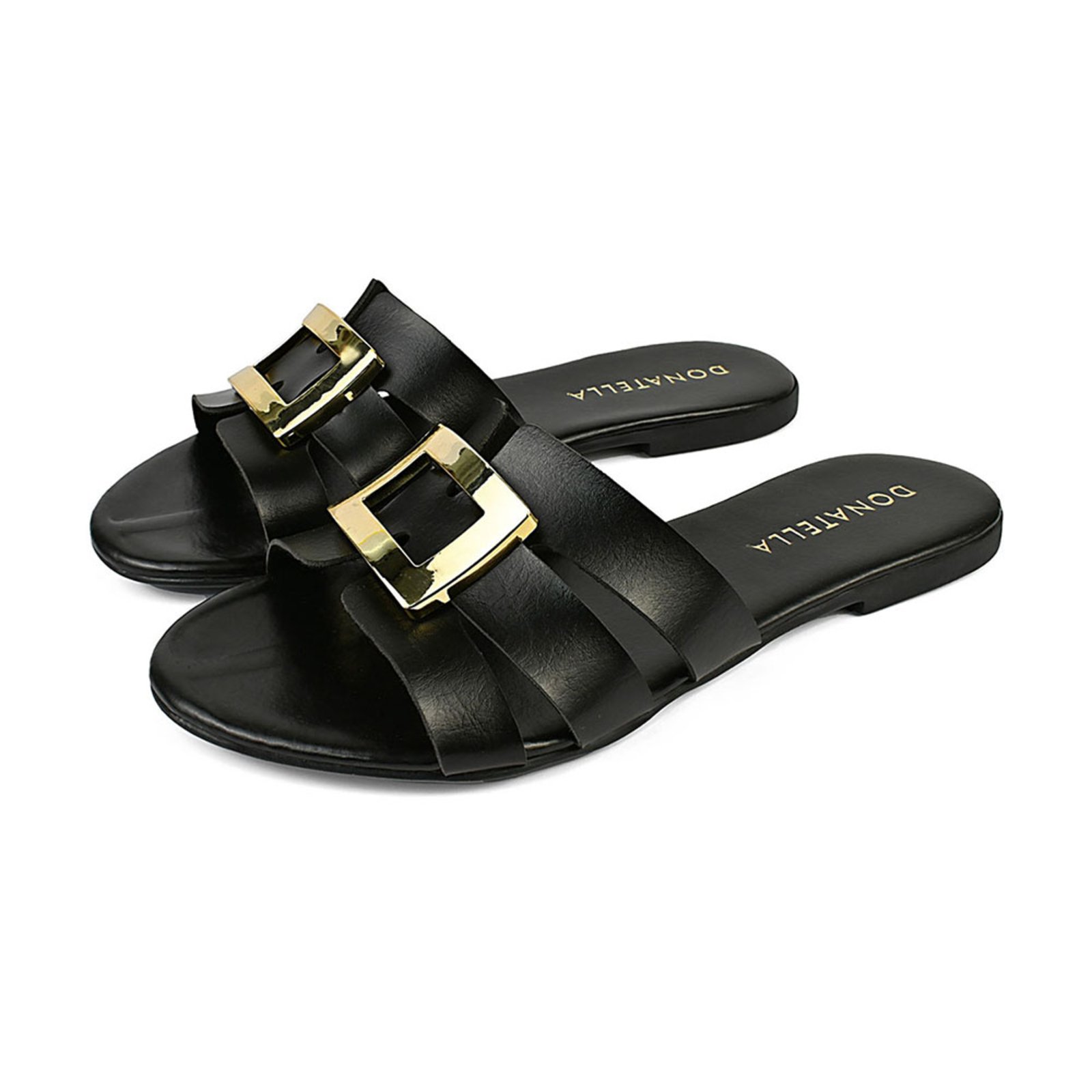 Sandália Rasteira Feminina Donatella Shoes Bico Redondo Rasteirinha Fivela Metalizada Dourada Preto