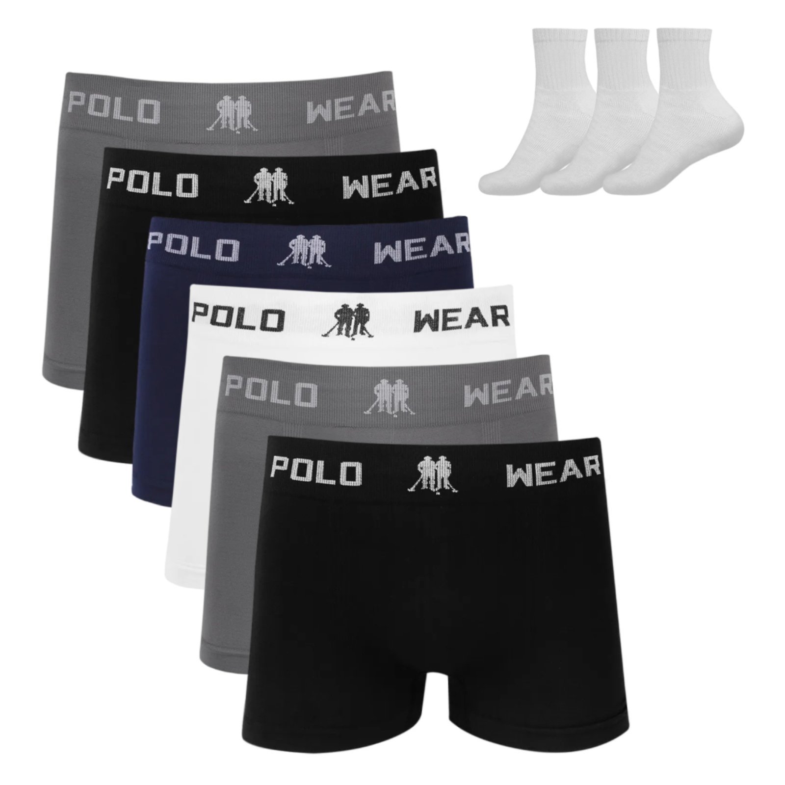 Kit 6 Cueca Boxer Polo Wear Microfibra Sortido + 3 Meias M10 Colorido