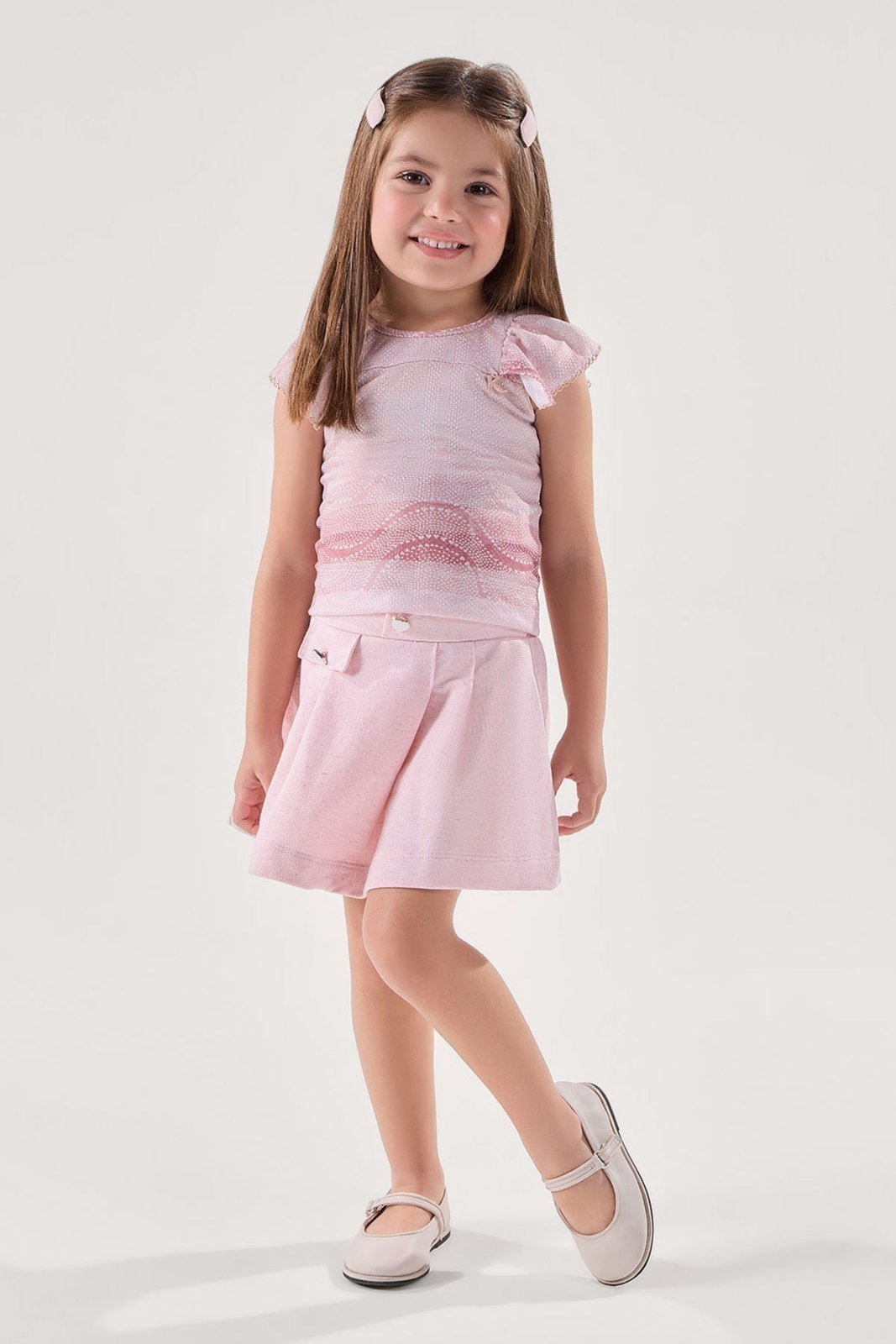 Infantil - Conjunto Blusa Rosa com Short-Saia em Moletinho com Linho