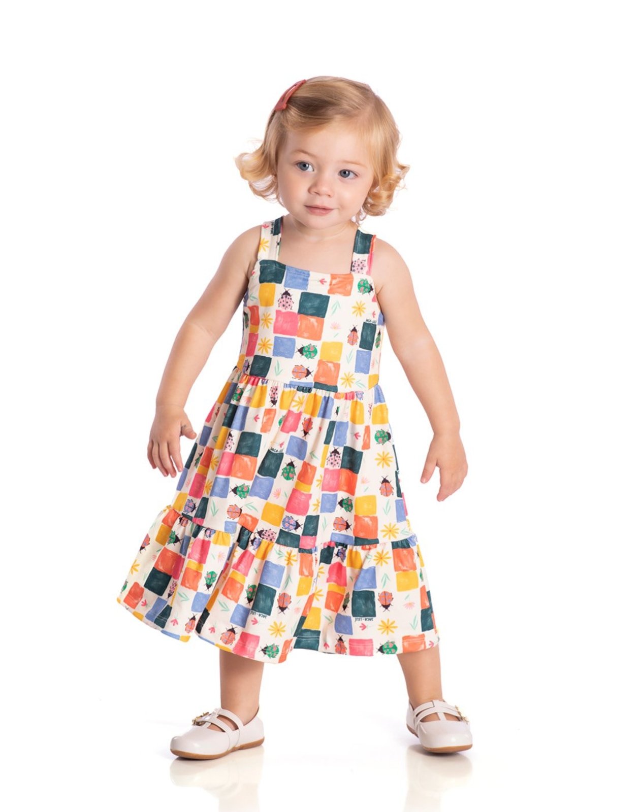 Infantil - Vestido manga curta joaninhas coloridas malha modal