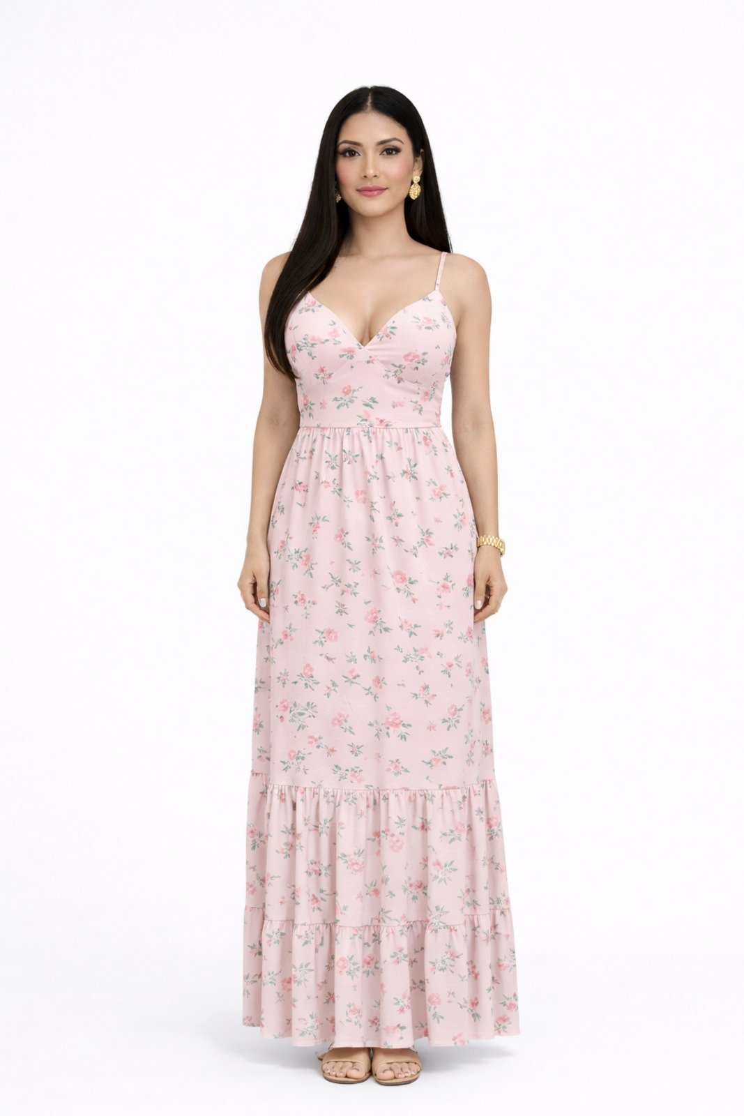 Vestido Longo D Bell Outlet Fashion Decote V Rosa