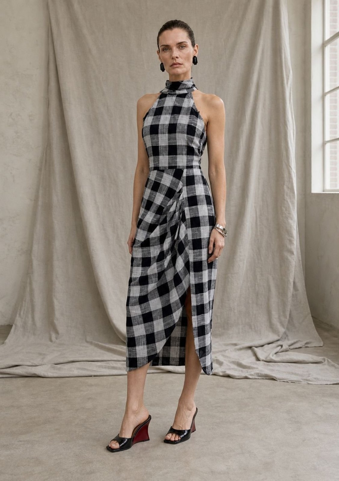Vestido Iódice Ajustado Gola Alta Sem Manga Midi - Preto