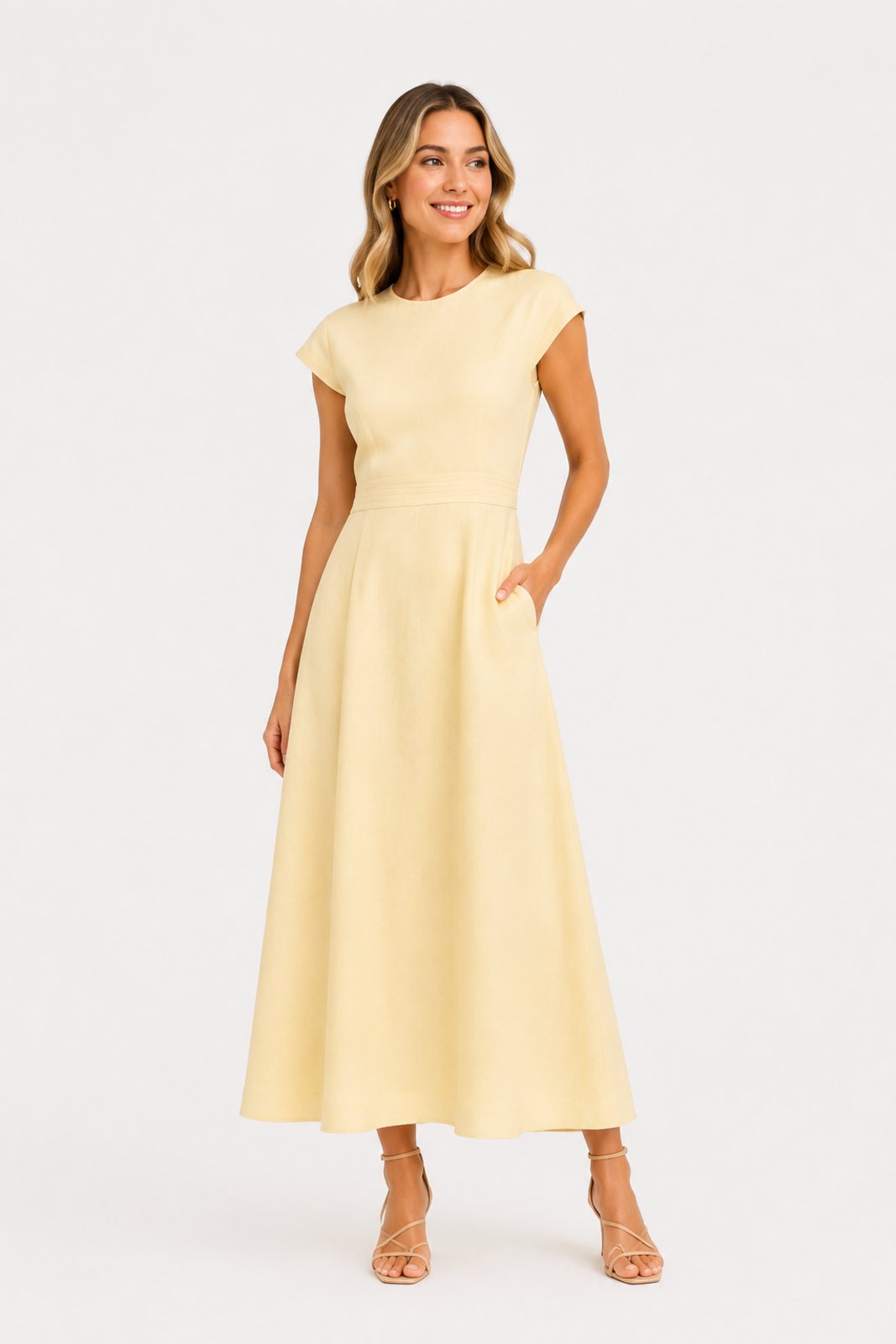 Vestido Midi D Bell Outlet Fashion Linho Bolsos Amarelo Manteiga