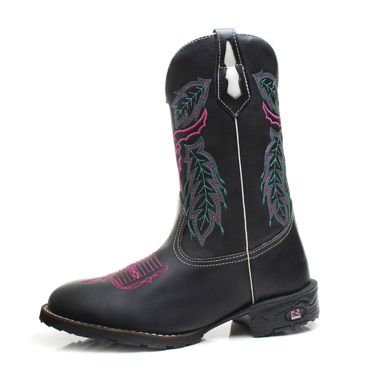 Bota Texana Feminina RR Botas Rodeio Couro Bordado Cano Alto Bico Redondo Preto Rosa