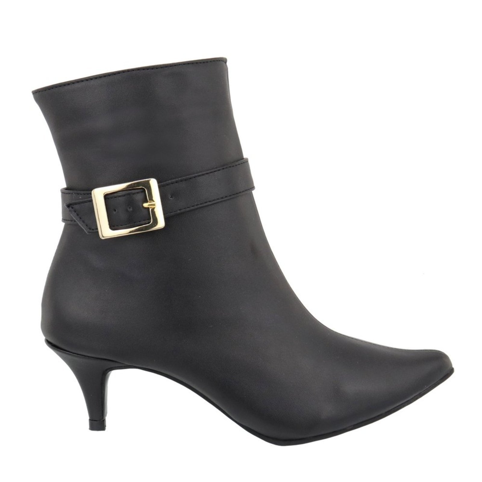 Bota Feminina Bico Fino Cano Curto Salto Baixo 180127 Detalhe em Fivela Napa Preto