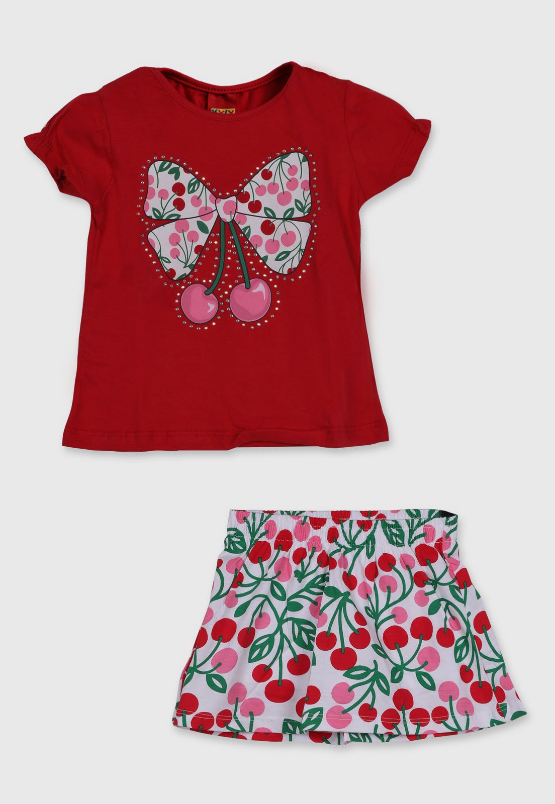Conjunto Kyly Blusa Estampa Cerejas e Short Vermelho
