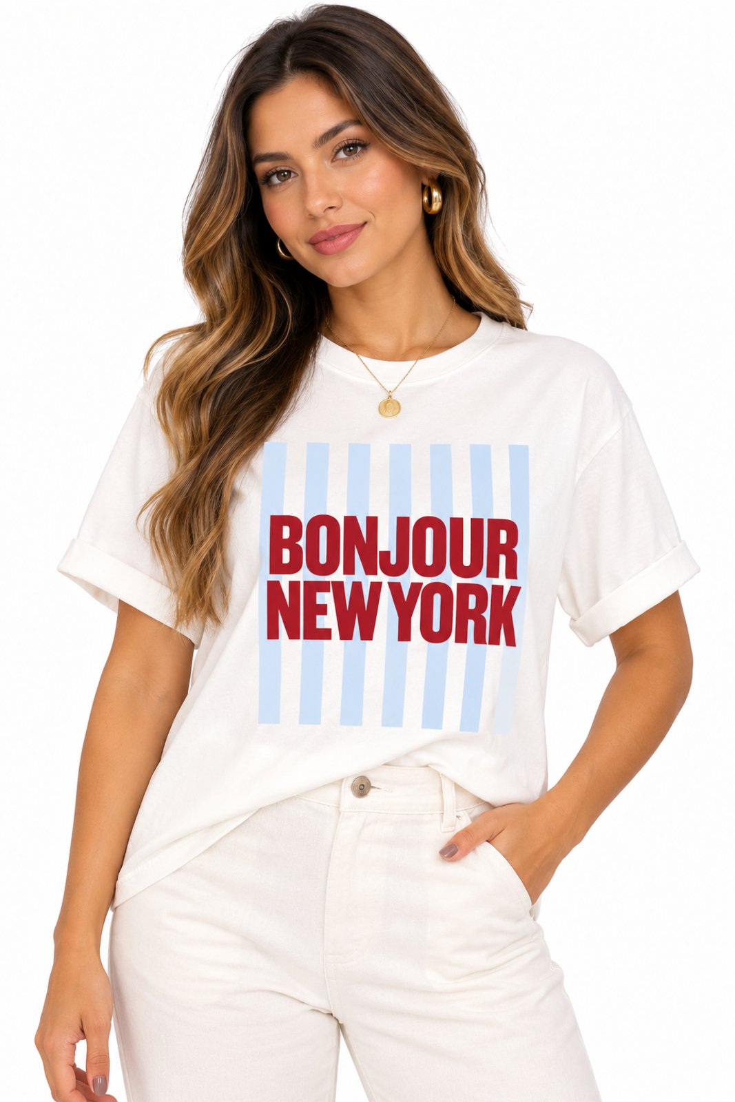 Camiseta Feminina D Bell Outlet Fashion Oversized Bonjour New York Off White