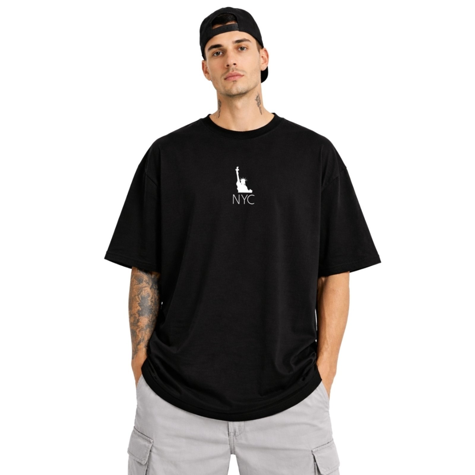 Camiseta Oversized de Algodão Masculina Ideal para Academia e Esportes Gola Redonda Estampado