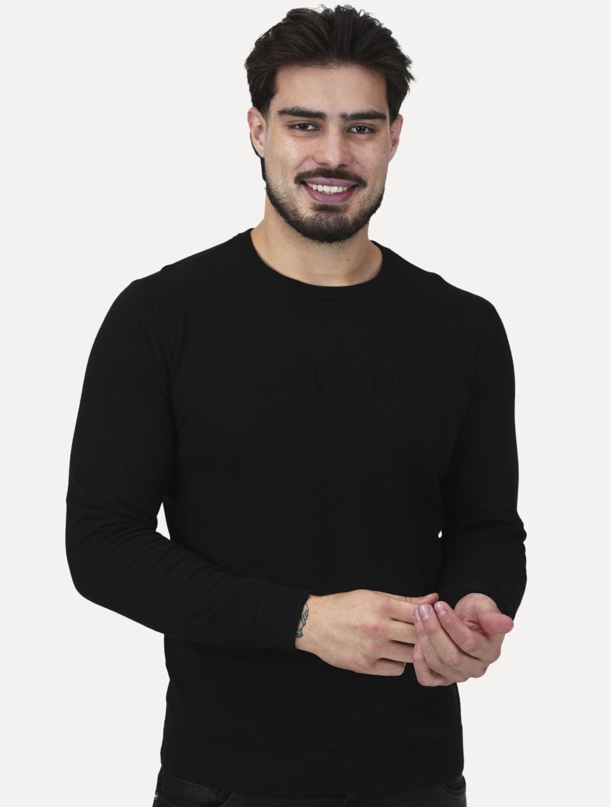 Suéter Calvin Klein Jeans Masculino Tricot Gola Careca Liso Preto