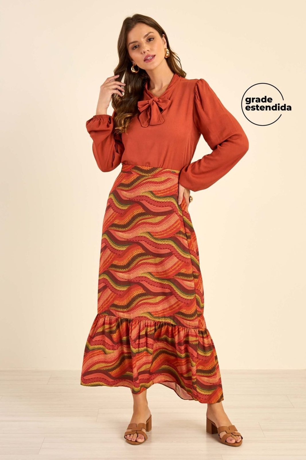 Saia Feminina Midi Babado Abstrata Marialícia Rosa
