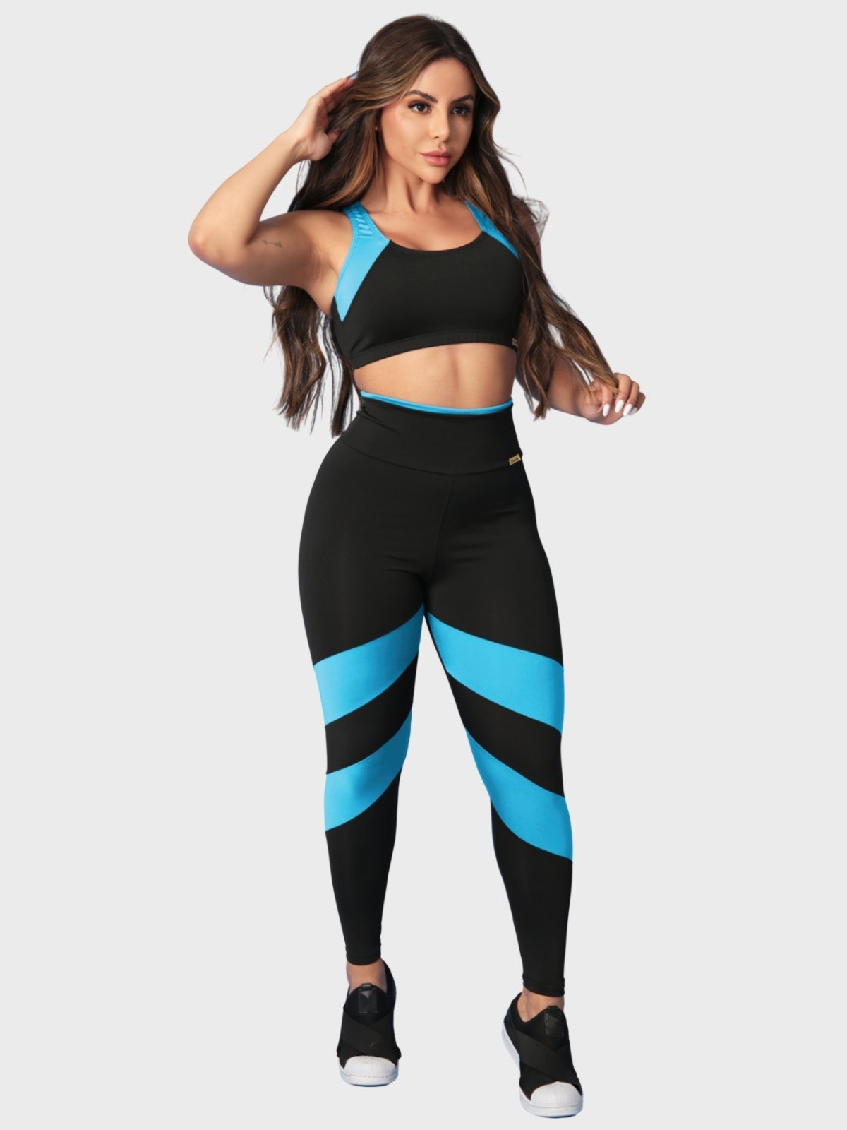 Conjunto Fitness Tarelles Top Calça Legging Cintura Alta Preto e Azul Céu