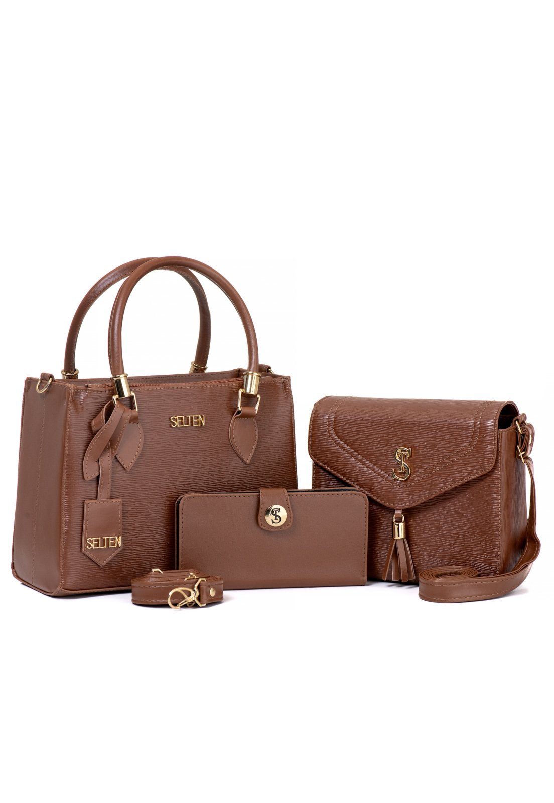 Bolsa Feminina Transversal Tote + Bolsa Lateral Tiracolo Com Carteira Selten Marrom