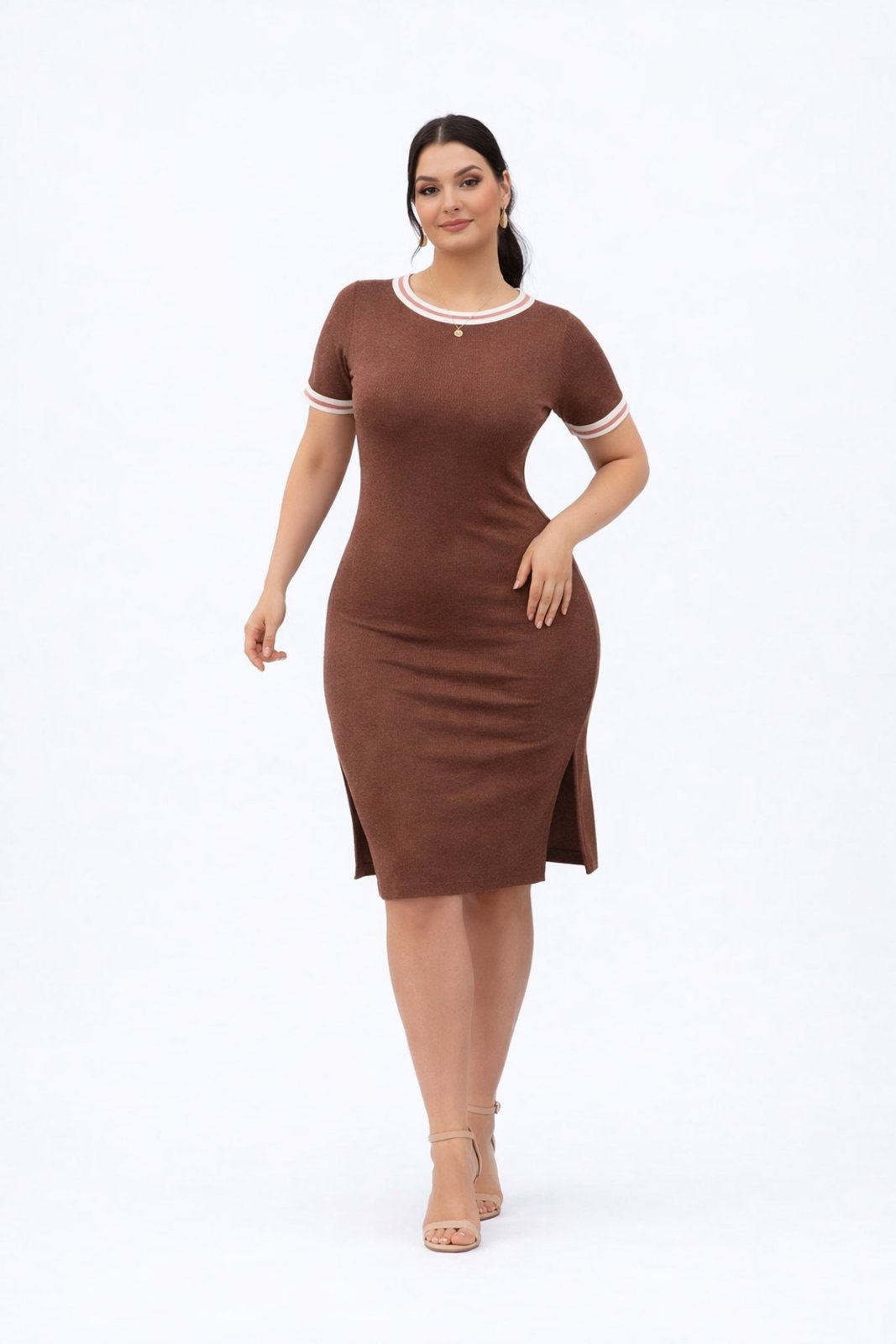 Vestido Midi D Bell Outlet Fashion Canelado Marrom
