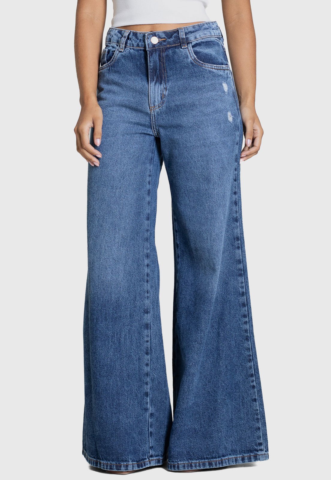 Calça Jeans Feminina Sawary Wide Leg Cintura Alta Azul