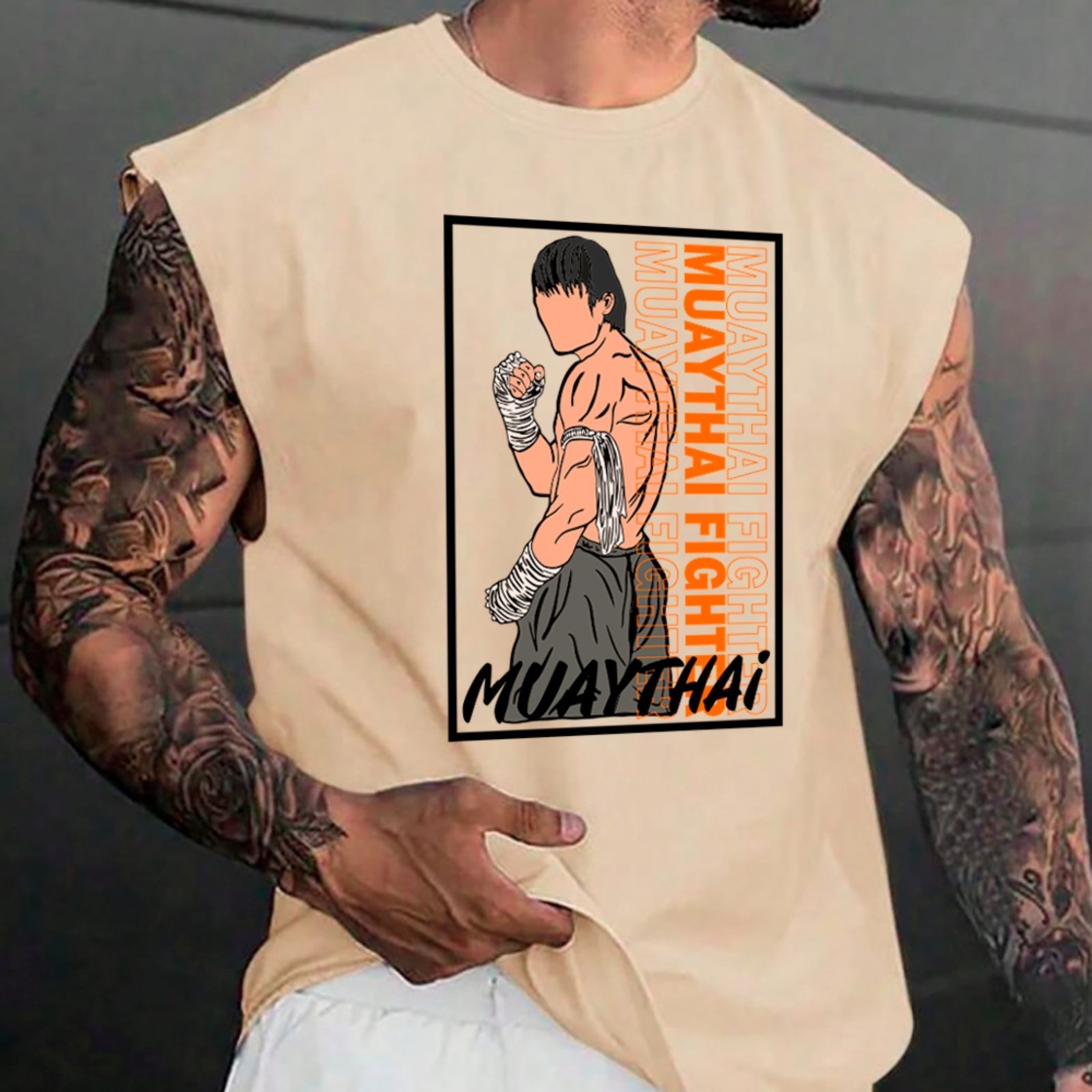 Camiseta Regata Machão Ousy Muay Thai Fighter Artes Marciais Oversized Masculina Off White