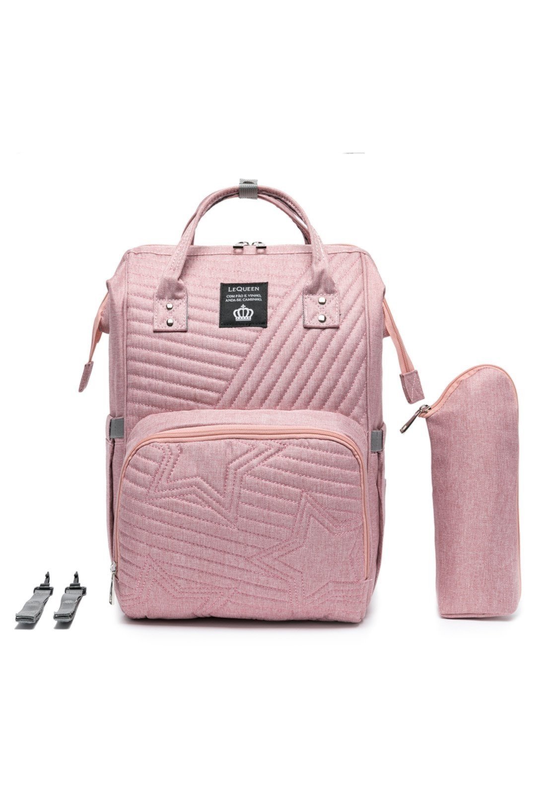Infantil - Mochila Maternidade Mamãe Lequeen Impermeável Porta Mamadeira Térmico Cinza/Rosa