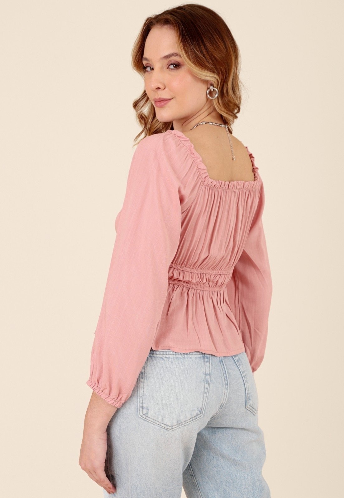 Vista 3 Blusa Pop Me Em Viscose Manga Longa Ombro A Ombro rosa Pop Me rosa