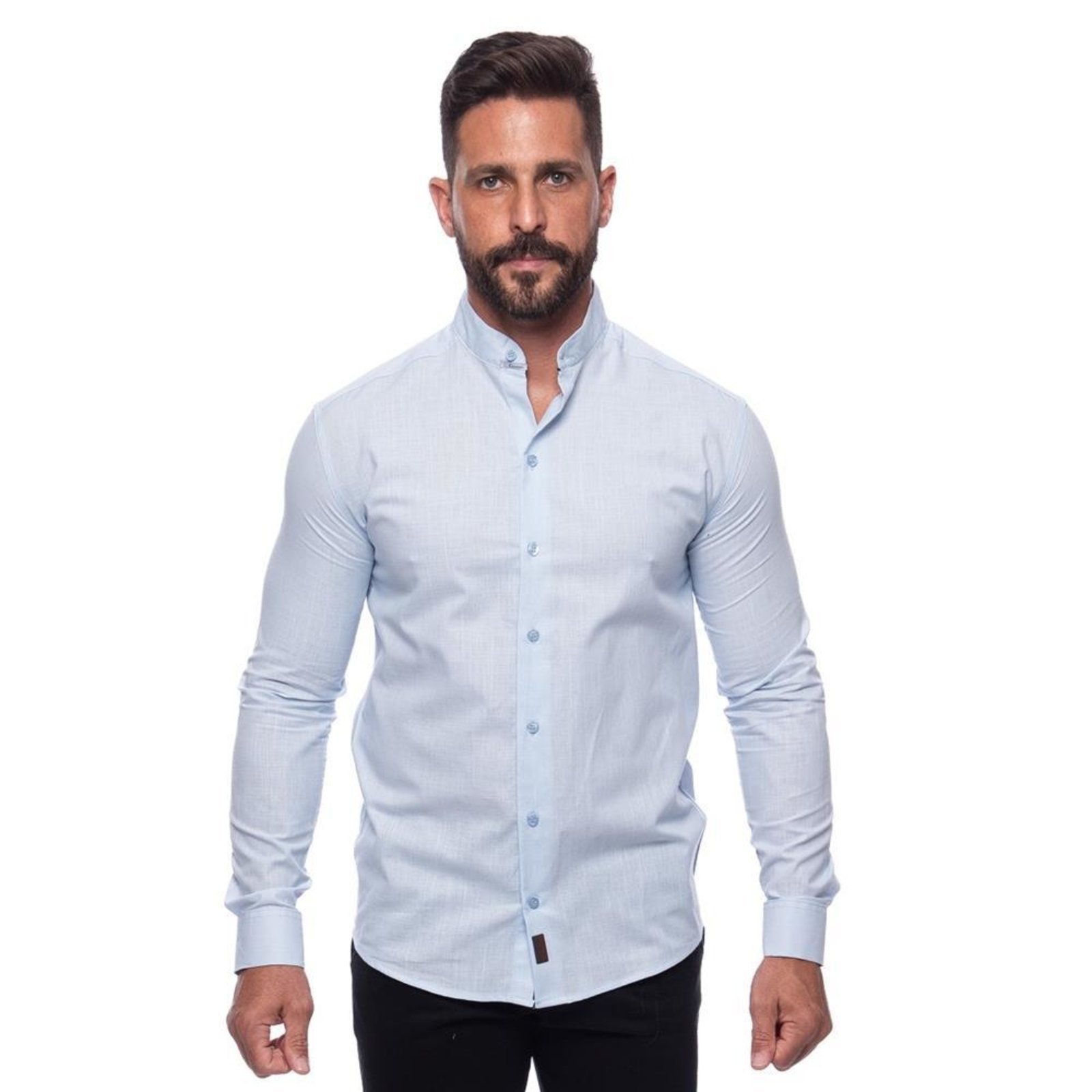 Camisa Masculina Linho Manga Longa Gola Padre Lisa Casual Azul Claro G Azul