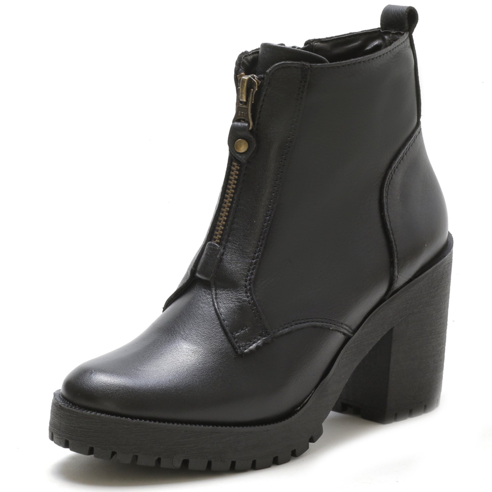 Bota De Salto Couro Feminino Zíper Lateral E Frontal Calce Fácil Salto Tratorado Agnes Veronez Preto