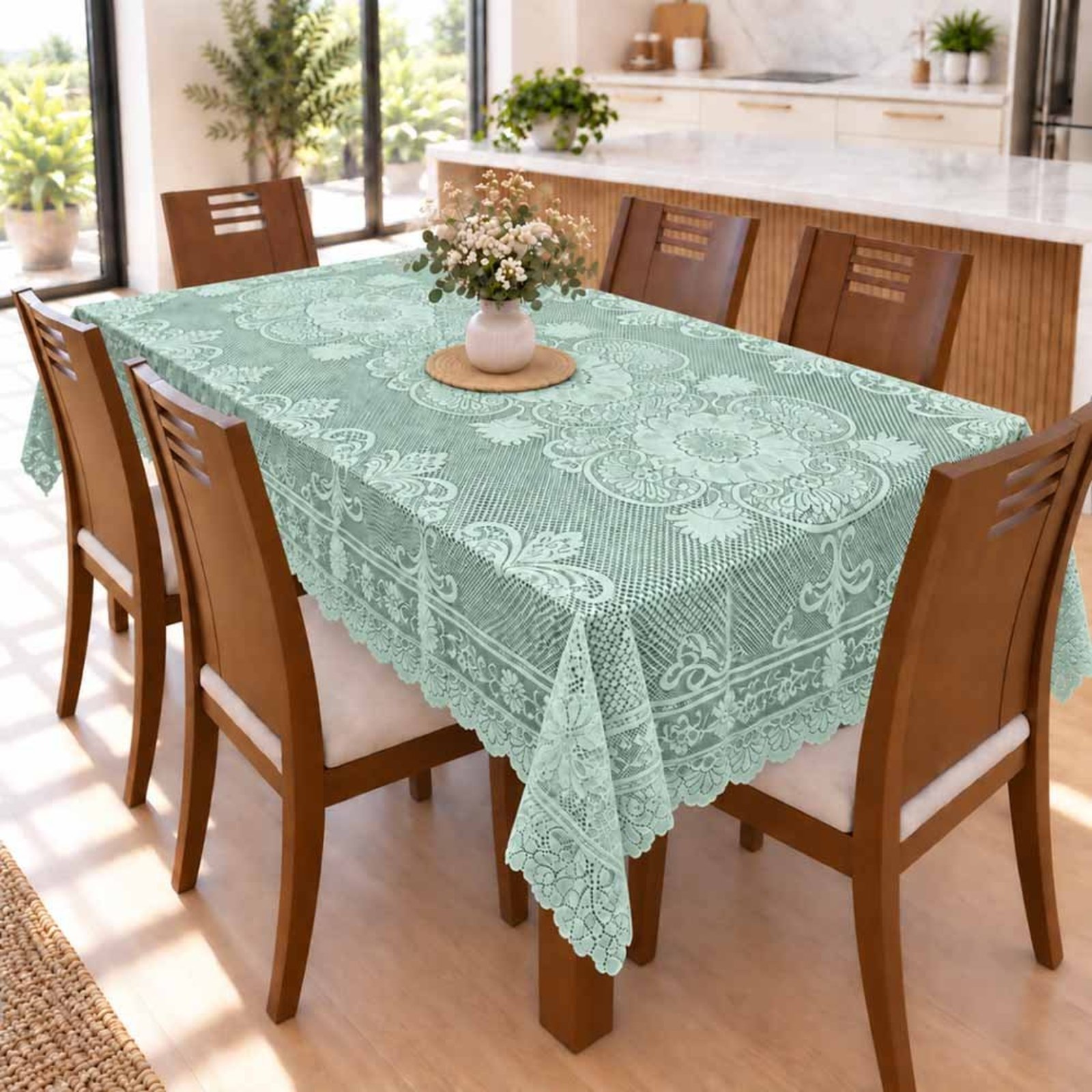 Toalha De Mesa Renda 1,50m x 2,30m Para Mesa 6 Lugares Fácil de Limpar Verde