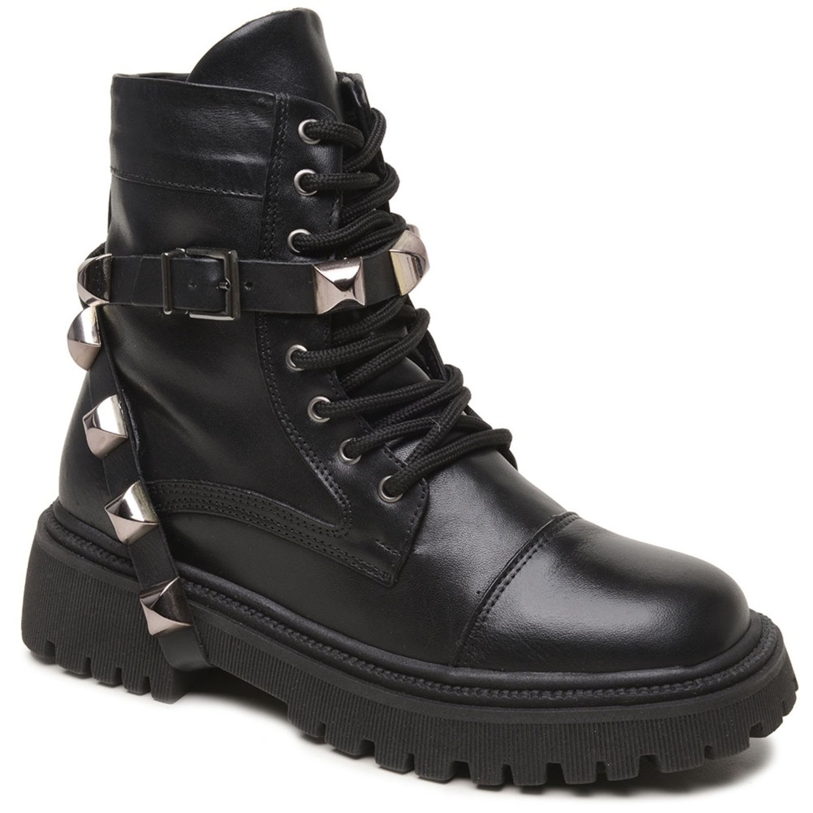 Coturno Feminino Couro Tratorado Spikes Fivela Rock Macio Preto