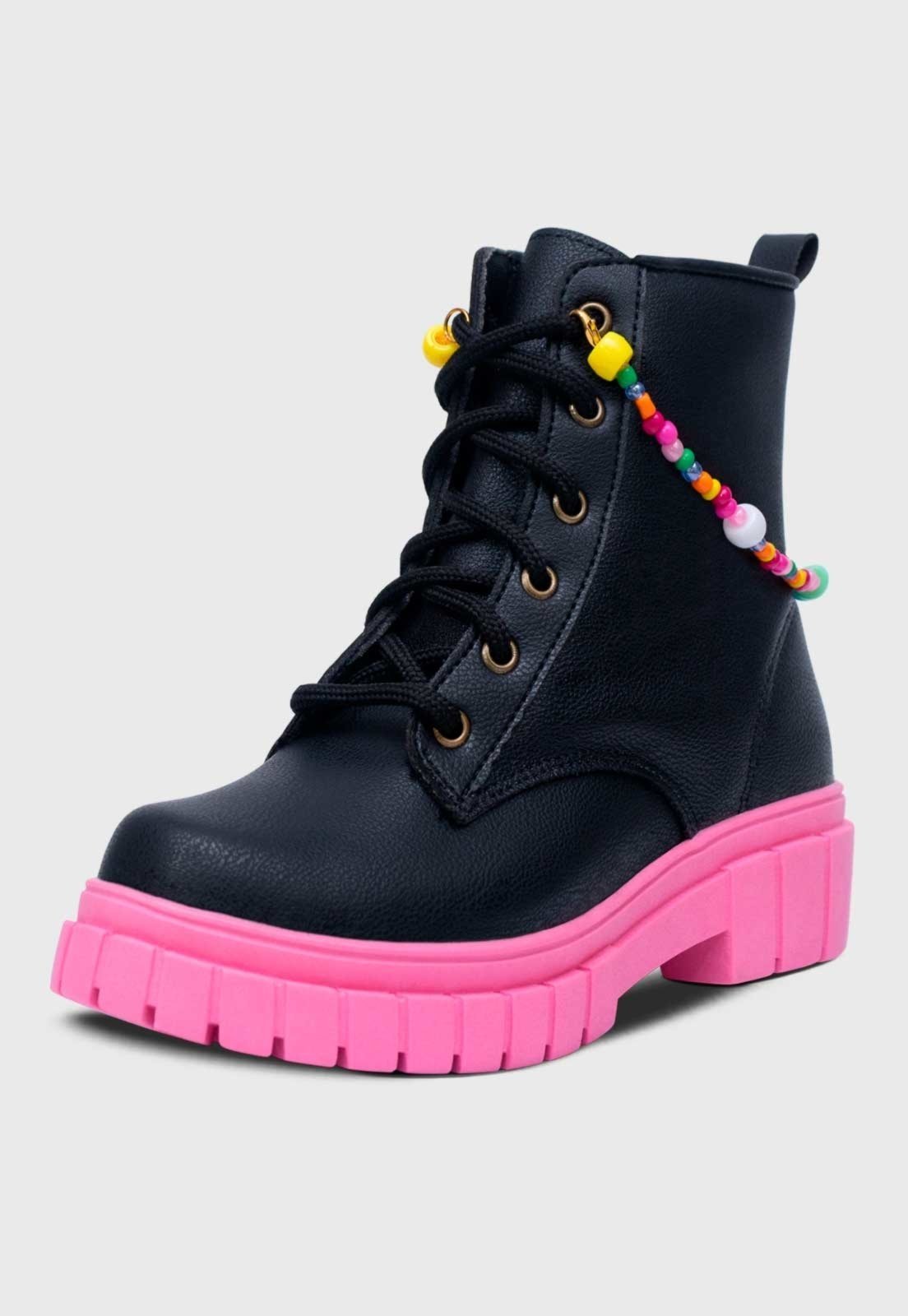 Infantil – Bota Coturno Popidi Menina Feminina Tratorado Preto Pink e Pulseira