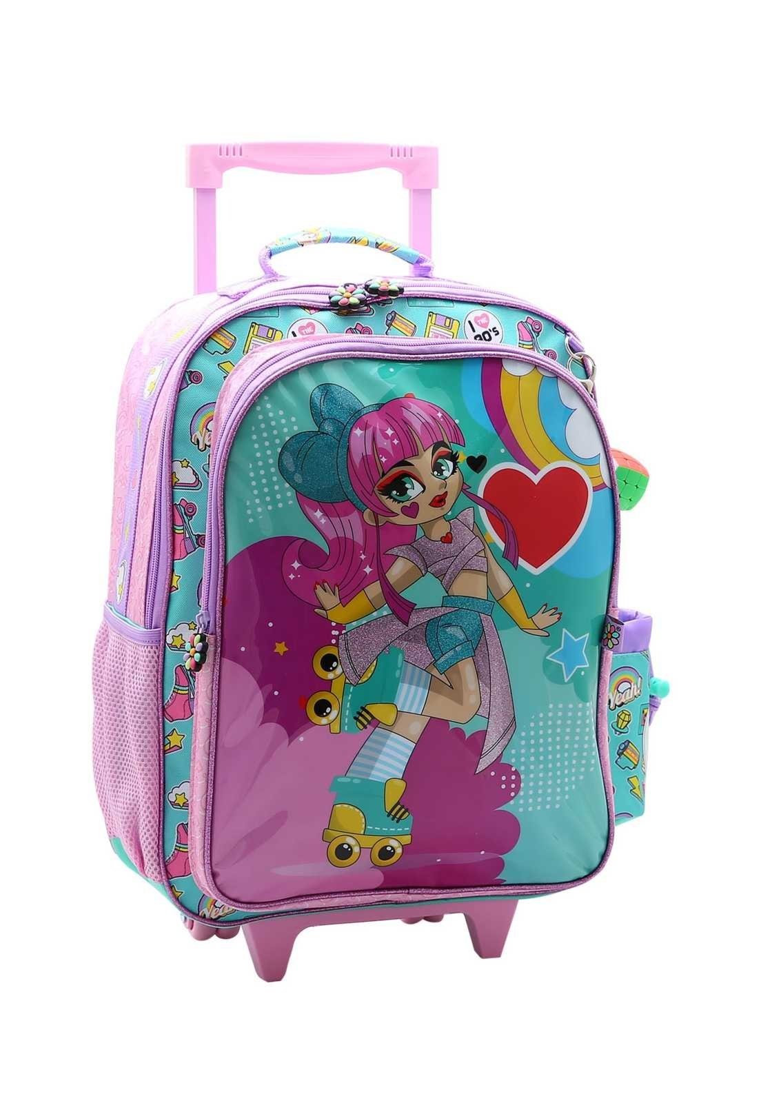Mochila Escolar com Rodinhas Estampa Menina Patins