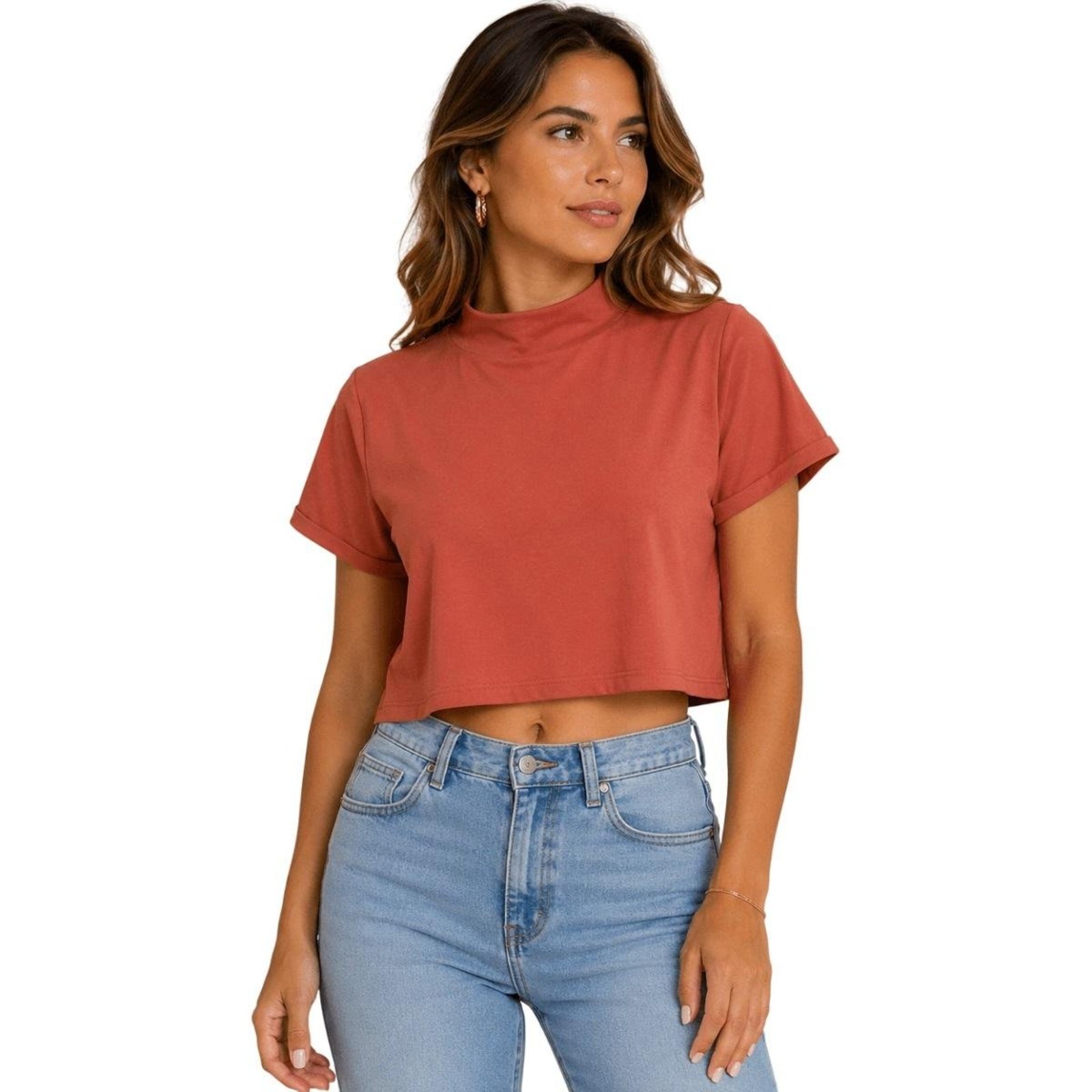 Blusa Cropped Gola Alta Manga Curta Básica Feminina Lunender 00665 Laranja