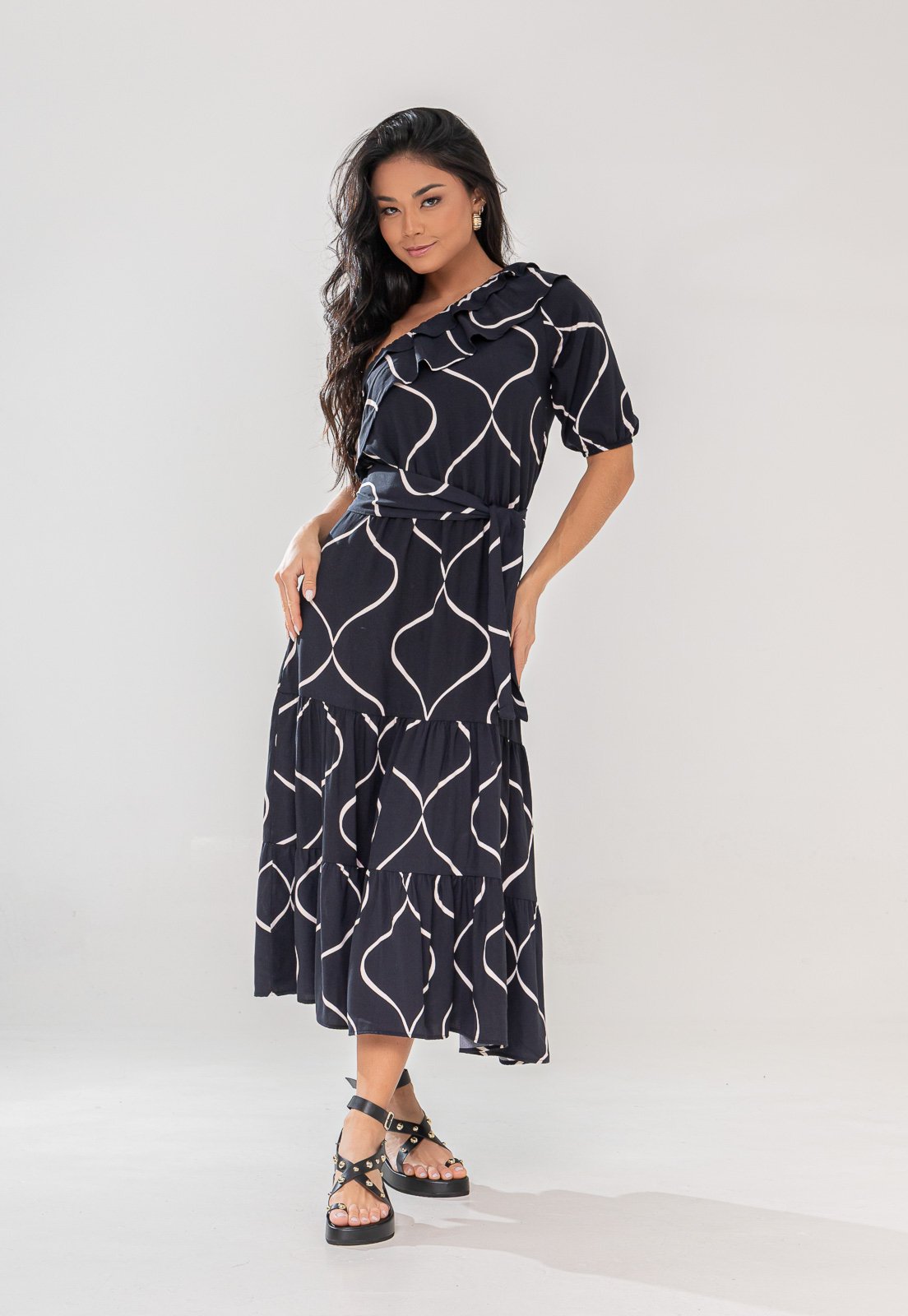 Vestido Aura Bela Ombro Viscose Ondas Preto