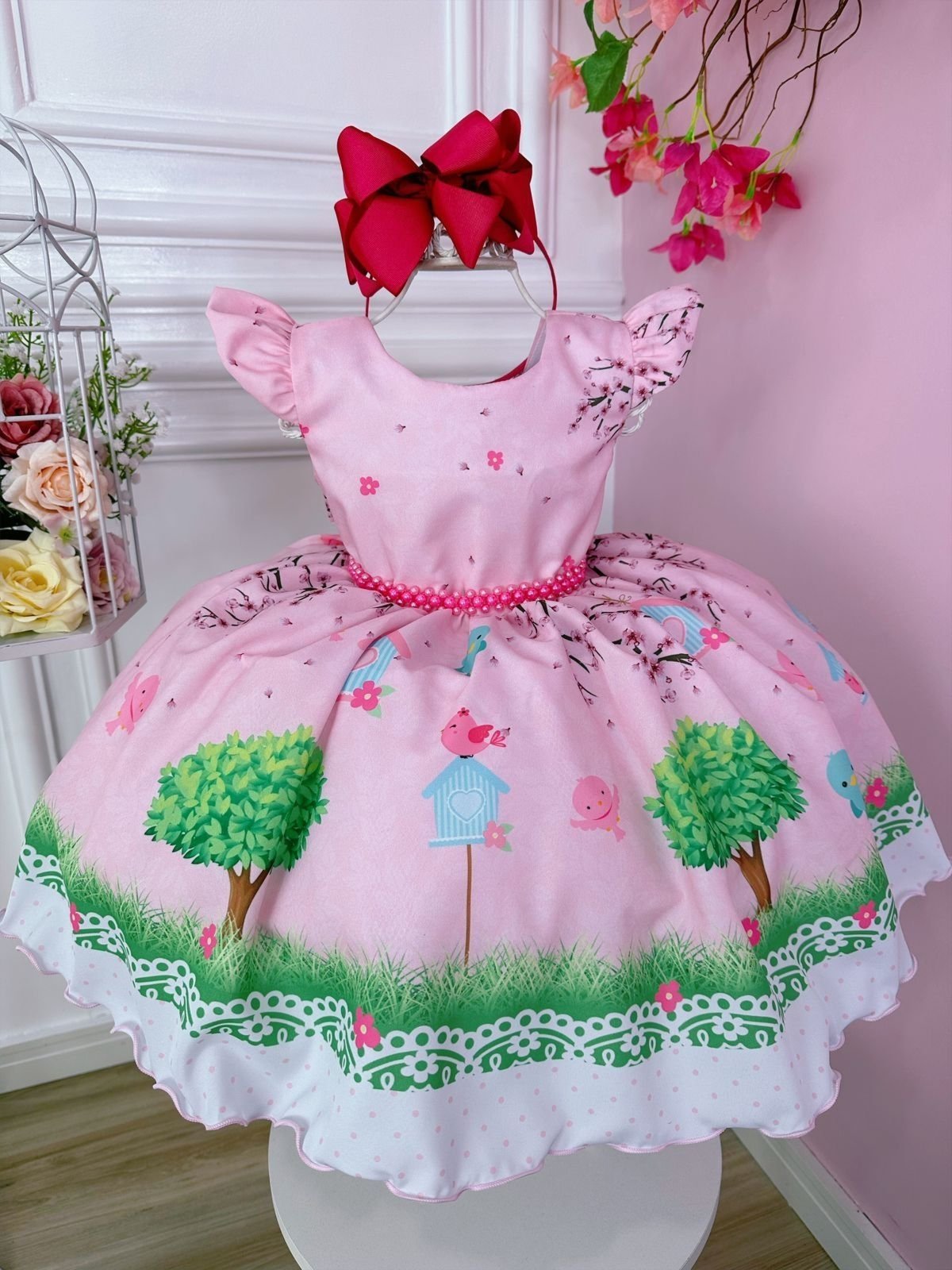 Infantil - Vestido Luxo Jardim Encantado Flores Encantada Rosa Pérolas Temático Aniversário Passeio Social Menina Juvenil