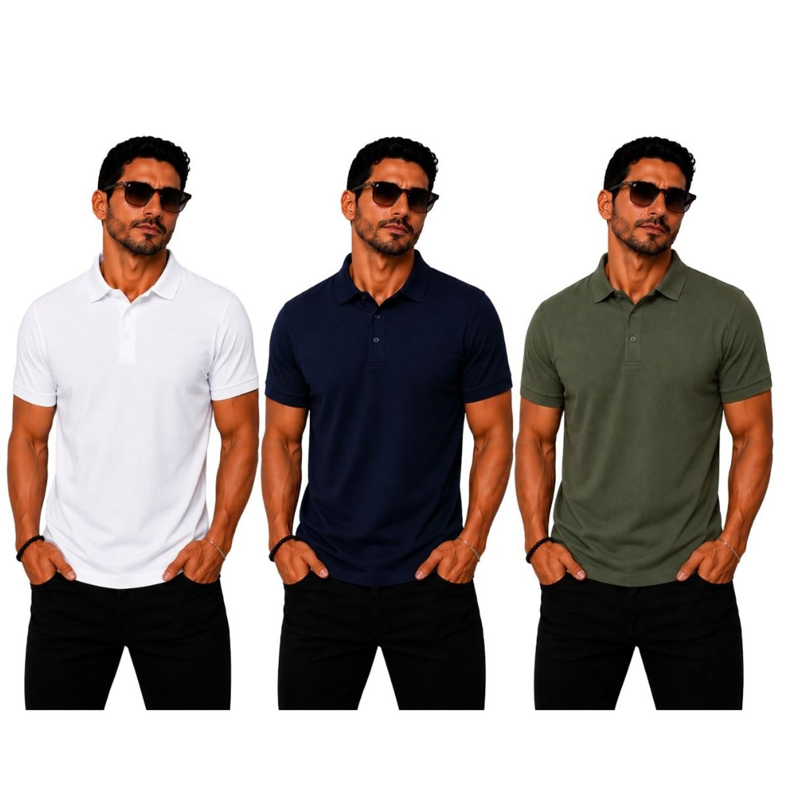 Kit 3 Camisas Polo Poliamida Masculina Básica Premium Multicolorido