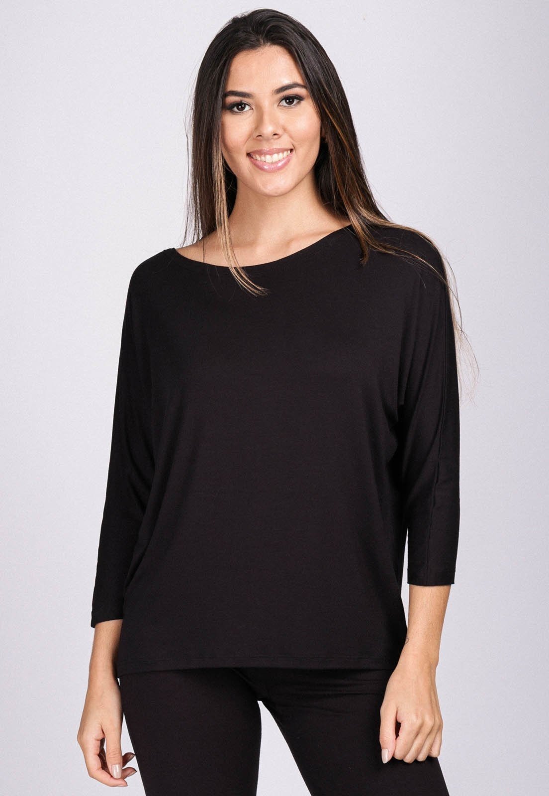 Blusa Morcego Malha Gola Manga 3/4 Amazonia Vital Preto