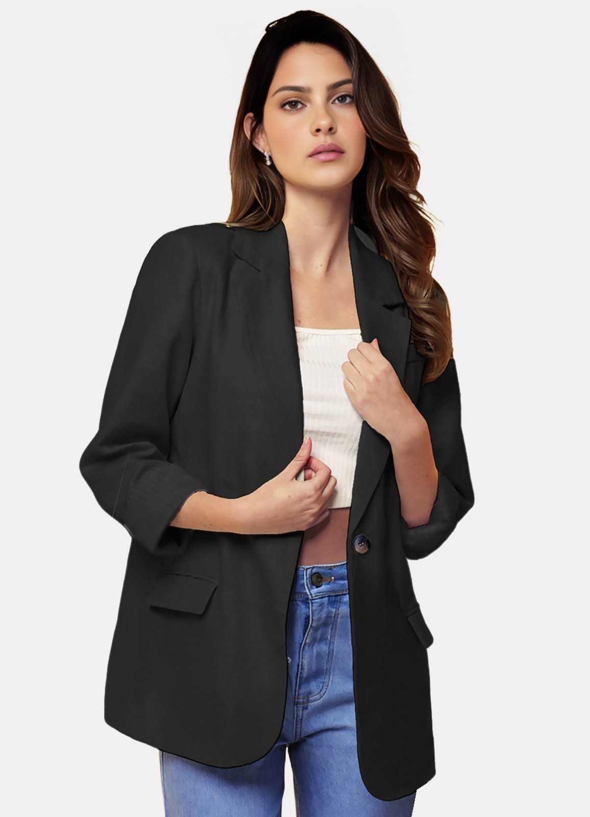 Blazer de Alfaiataria Feminino Preto Sob com Bolsos Viscose Blazer de Alfaiataria Feminino Preto Sob com Bolsos Viscose