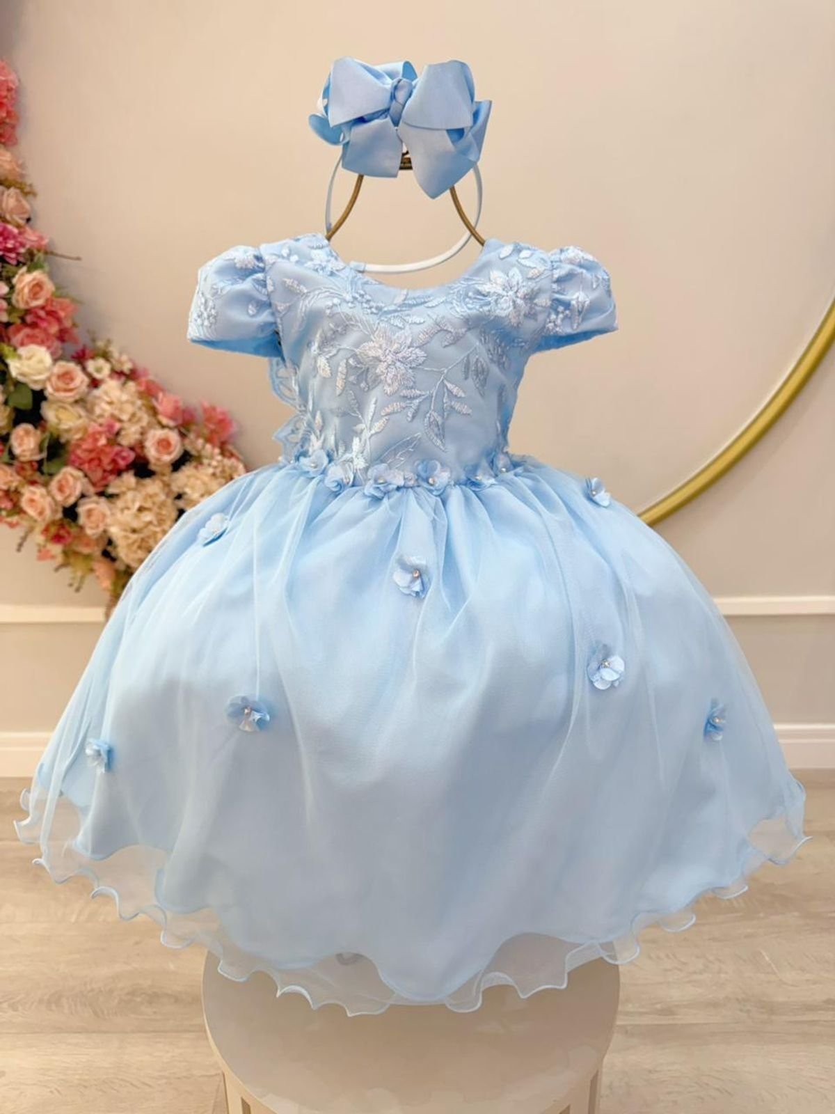 Infantil - Vestido Festa Azul Claro Serenity Jardim Encantado Borboletas Formatura Casamento Princesa Social Rodado Florista Dama Daminha Aniversário Luxo