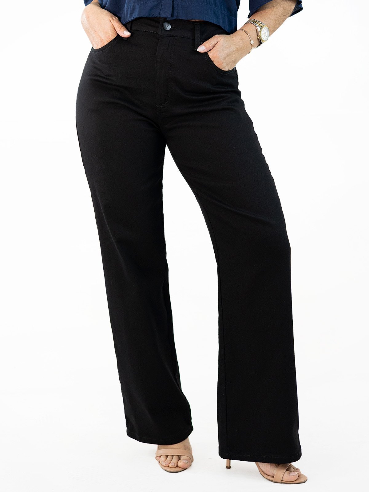 Calça Feminina Wide Leg Sarja Black Cetim Cintura Alta Anticorpus