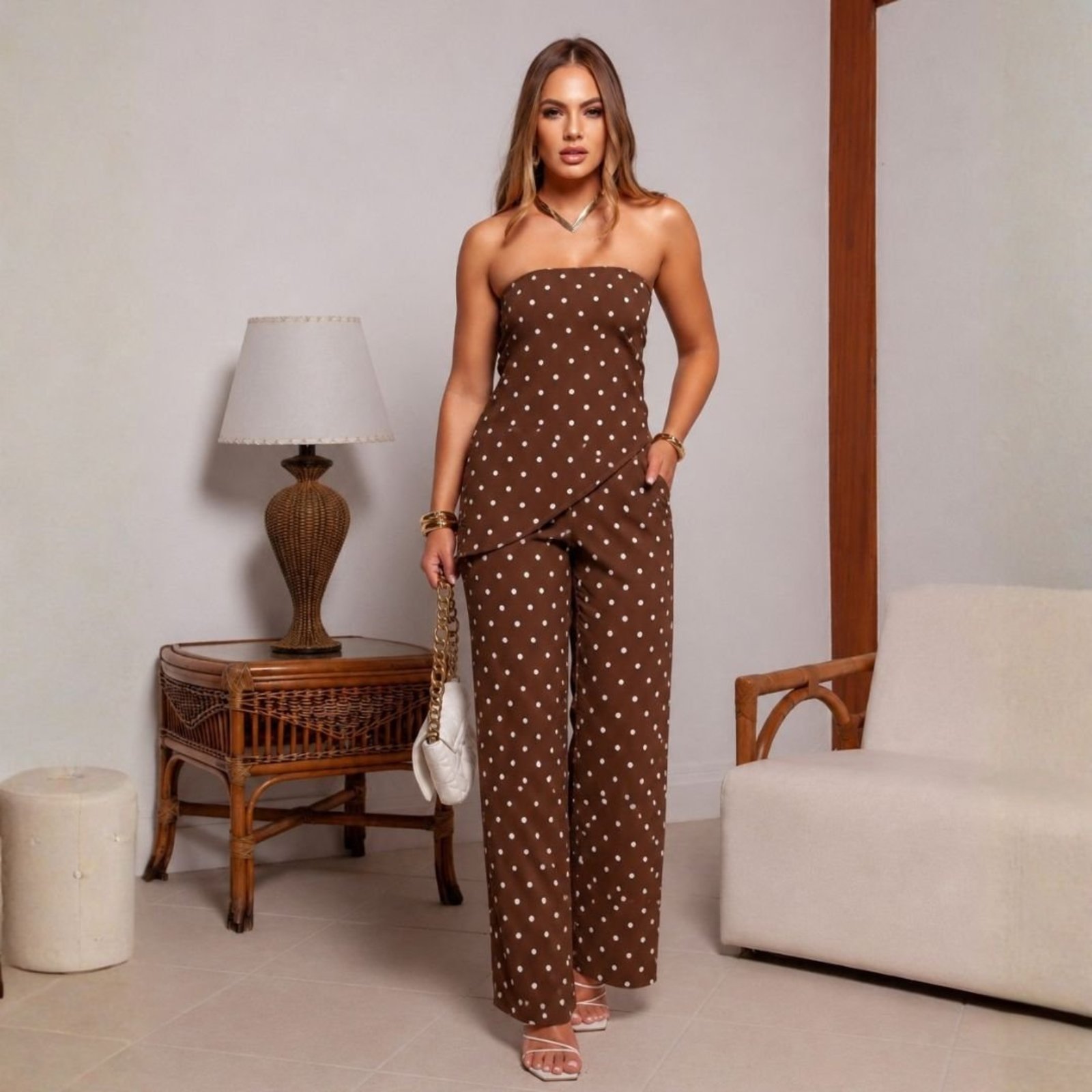 Conjunto Blusa Assimetrica Tomara que Caia e Calça Pantalona Cintura Alta Social Poa REF: Liz