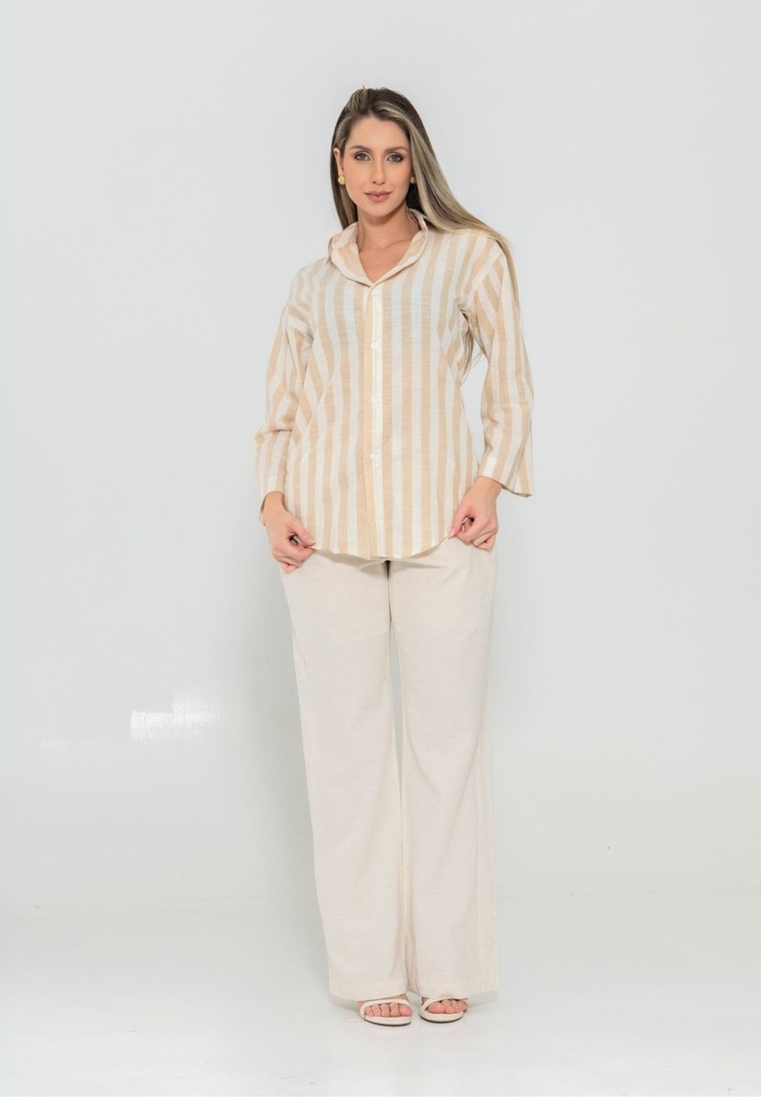 Conjunto Feminino Elegancy Camisa Listrada Manga Longa em Linho Calca Linho Cru – Docce Mulher