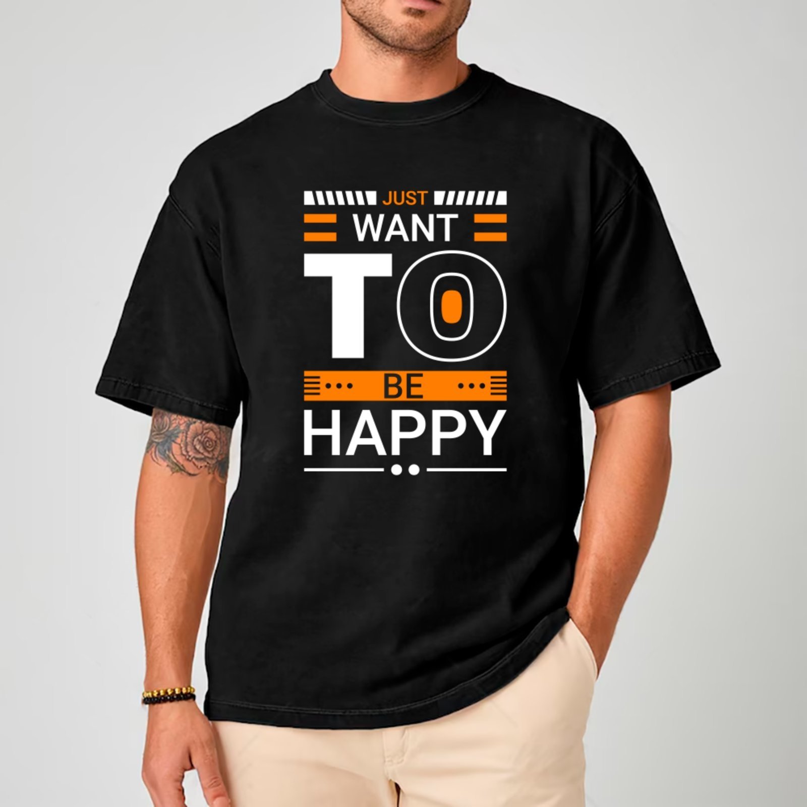 Camiseta Ousy Unissex Just Want To Be Happy Básica Preto