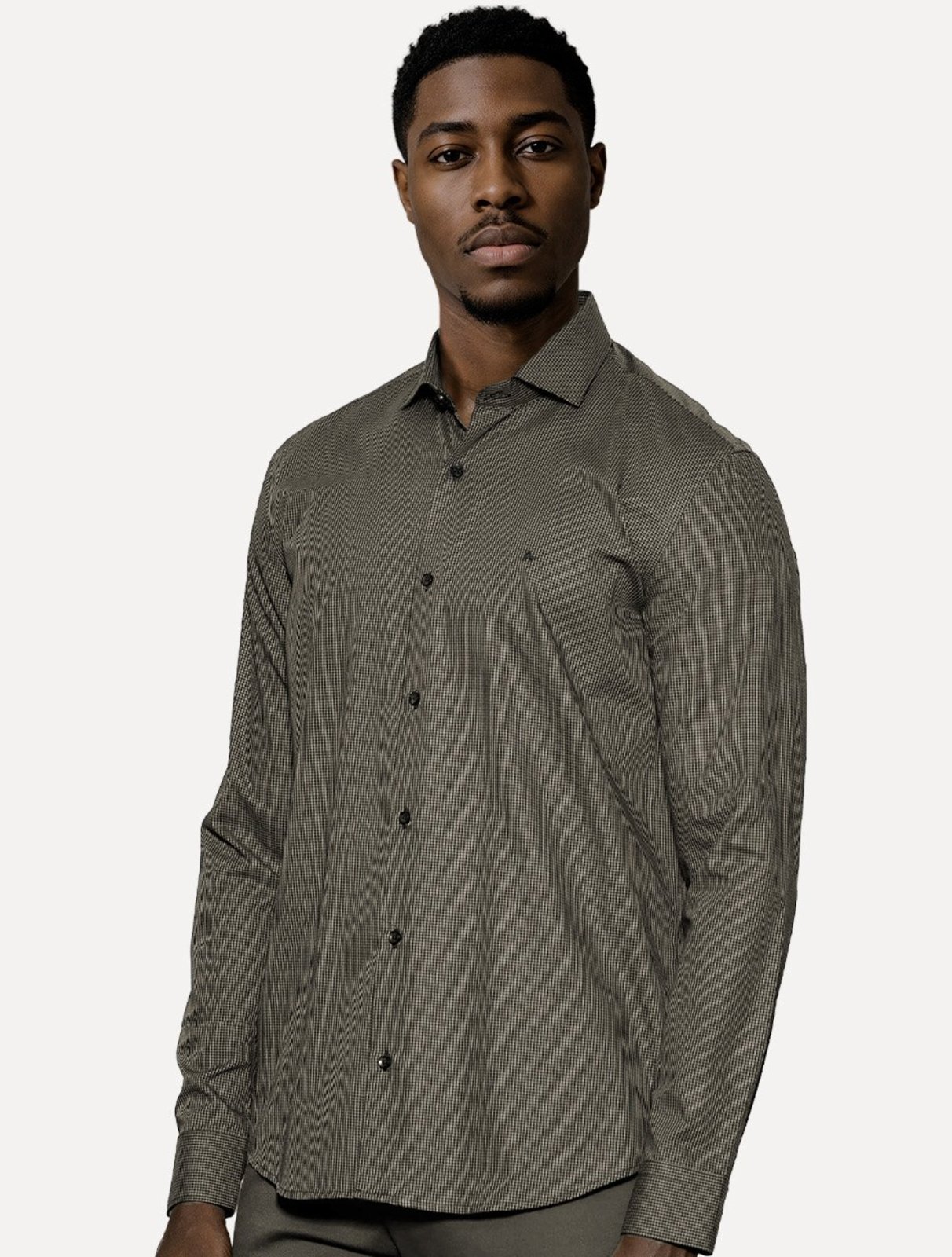 Camisa Aramis Masculina Manga Longa Mini Xadrez Preto Com Cáqui