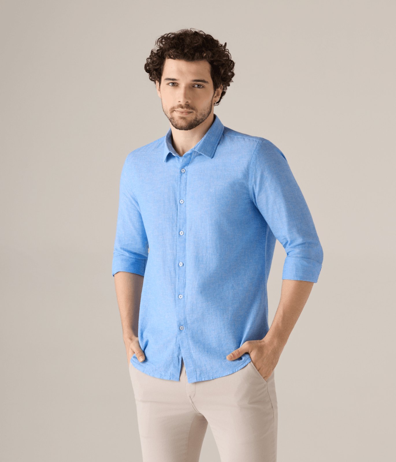 Camisa Makenji Casual Linho Masculina Azul Medio