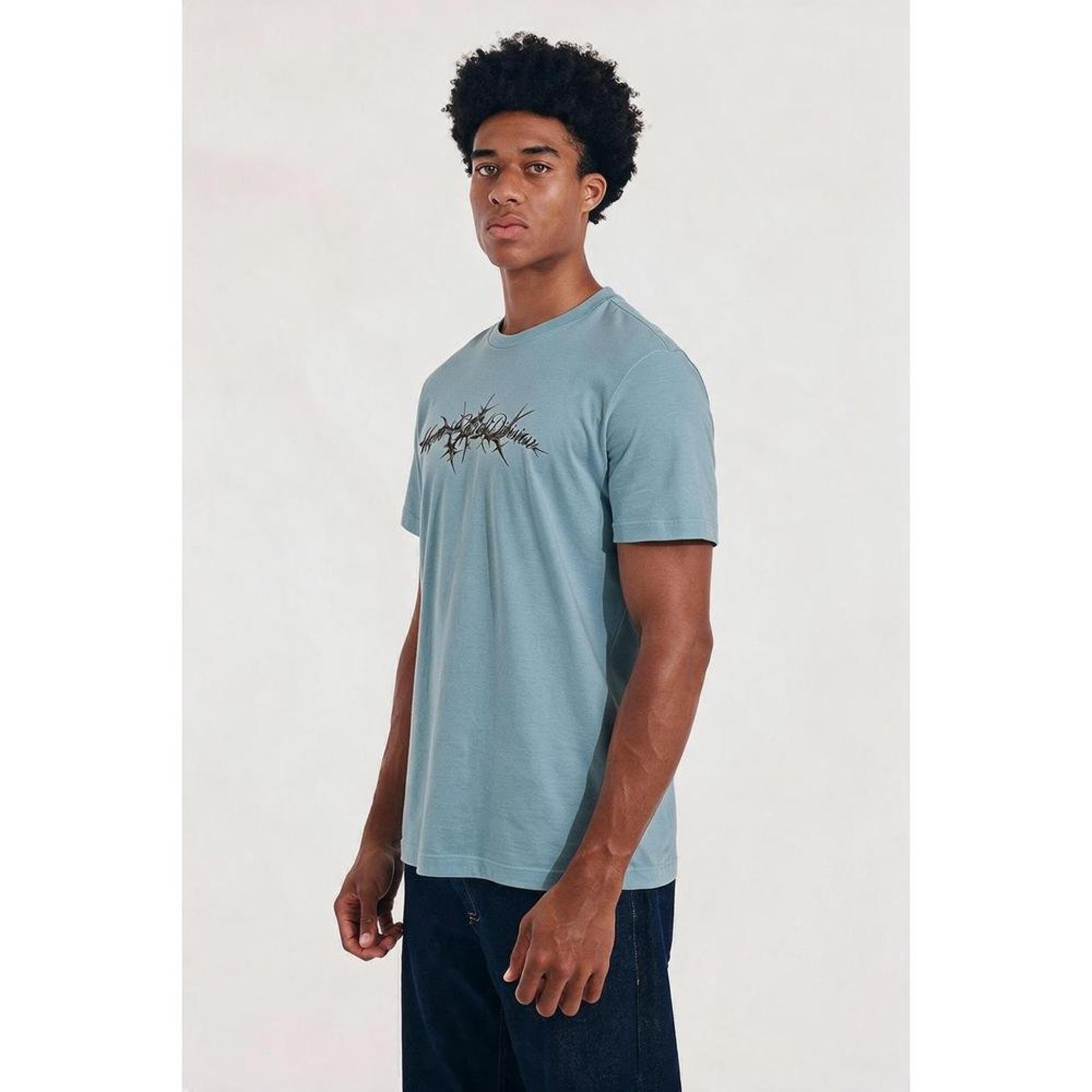 Camiseta Regular Frente Espinhos Azul Nublado