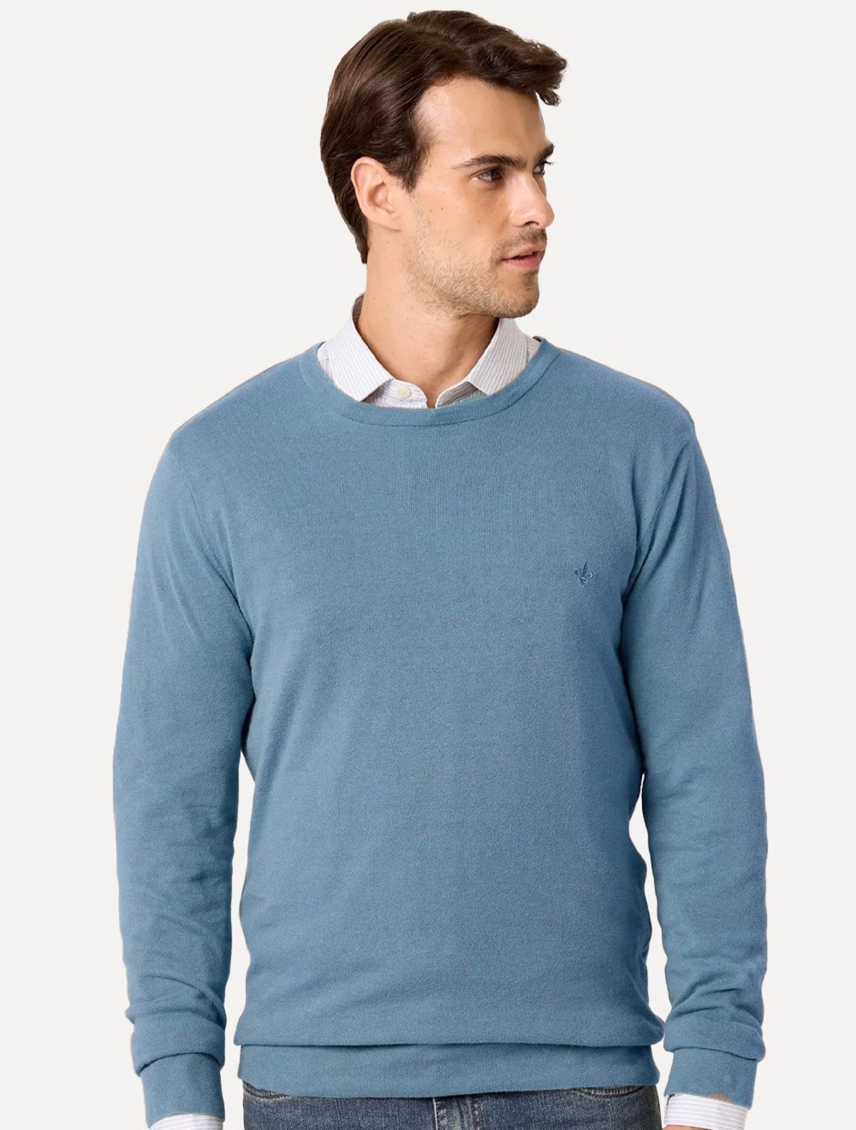 Suéter Dudalina Masculino Tricot Crewneck Basico Azul Médio