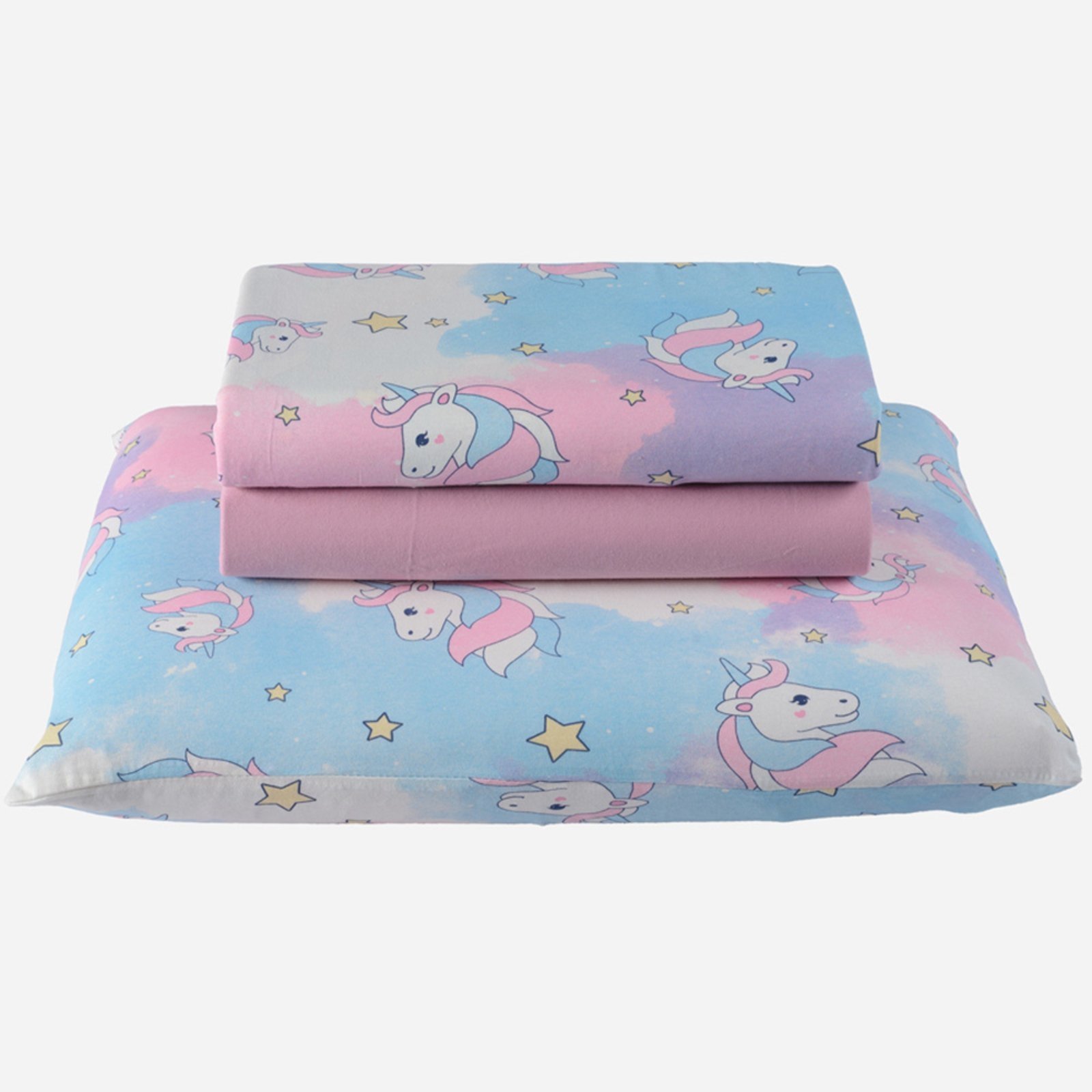 Jogo Cama Lençol Casa Scarpa Diver Solteiro Malha Soft Algodão 3 Peças - Unicórnio Rosa Azul