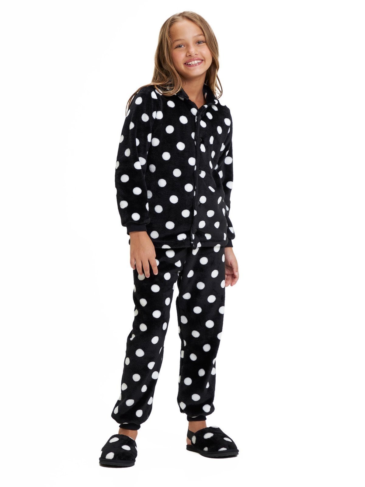 Pijama Americano Longo de Botão Unissex Magicamente Poá Preto