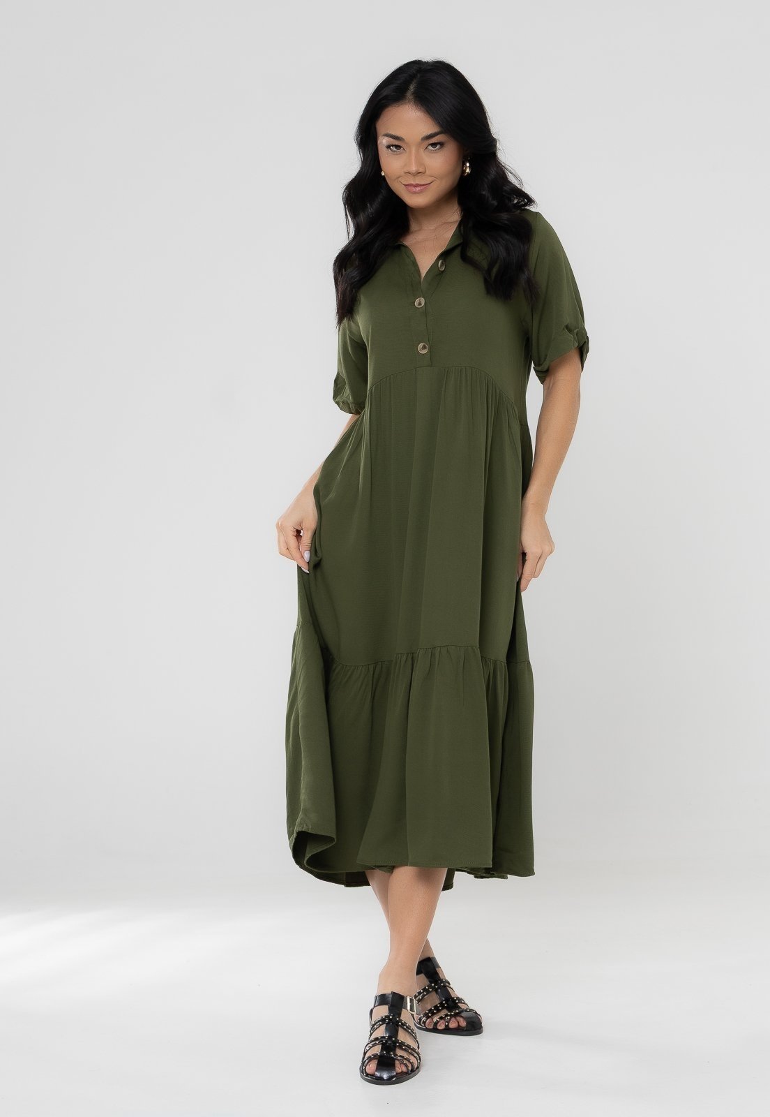 Vestido Aura Chemise Rafaela Sarja Liso Verde