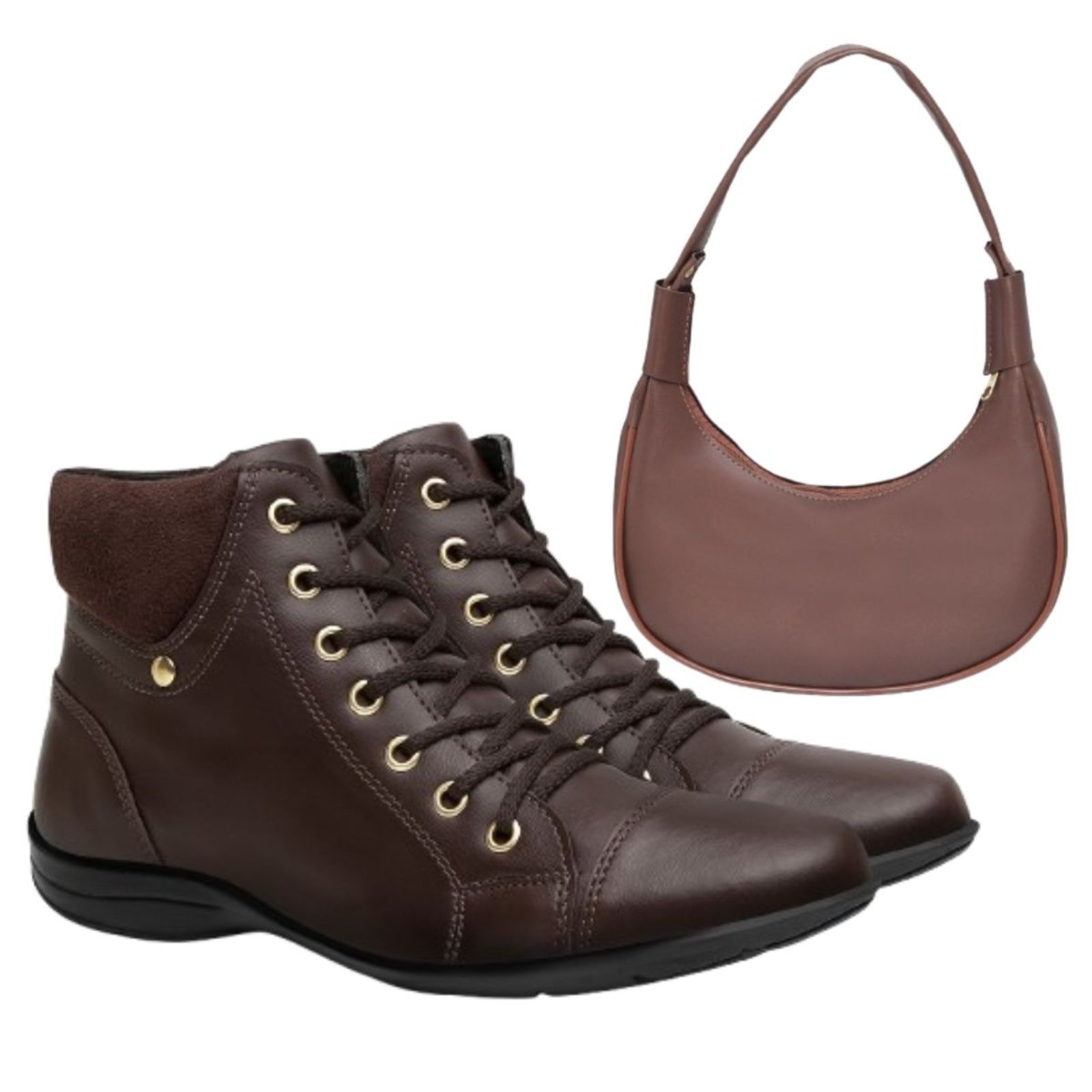 Kit Bota Feminina Cano Baixo Anna Andrade Botinha Sola Rasteira Casual E Bolsa Ombro Café