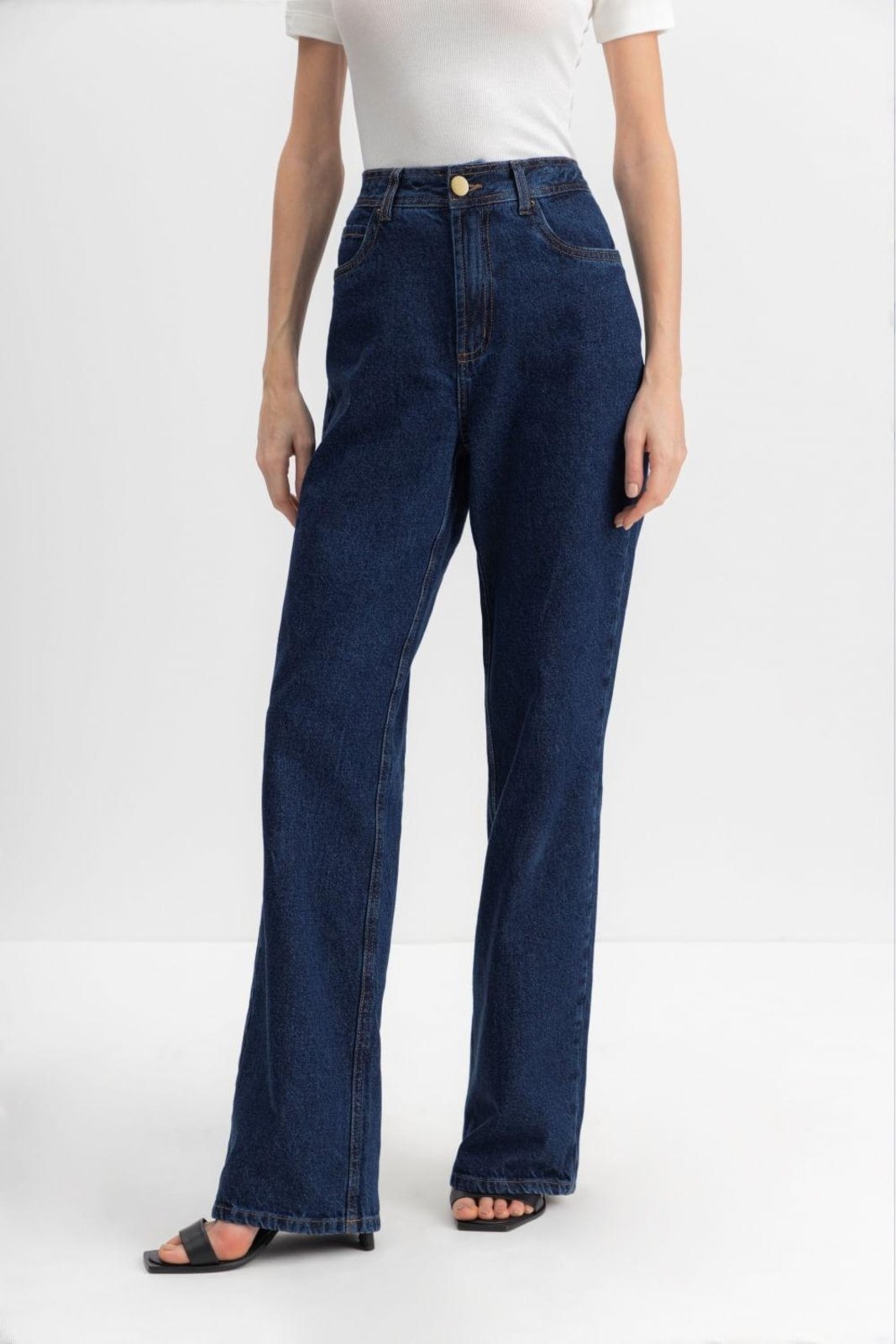 Vista 3 Calça Jeans Wide Leg Feminina Essendi Jeans Escuro azul azul