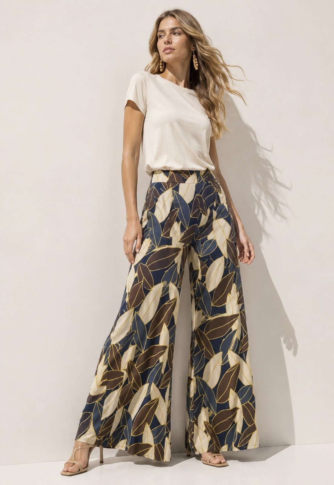 Calça Cabanafree Pantalona Granja Malha Estampa Folhas de Outono