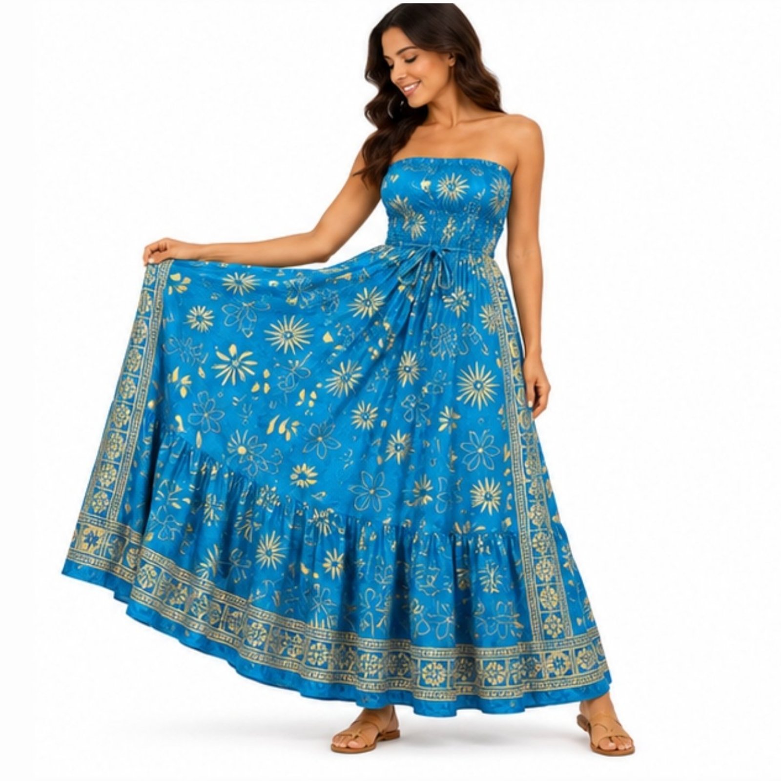 Vestido Longo Feminino Indiano Tomara que Caia com Lastex Azul